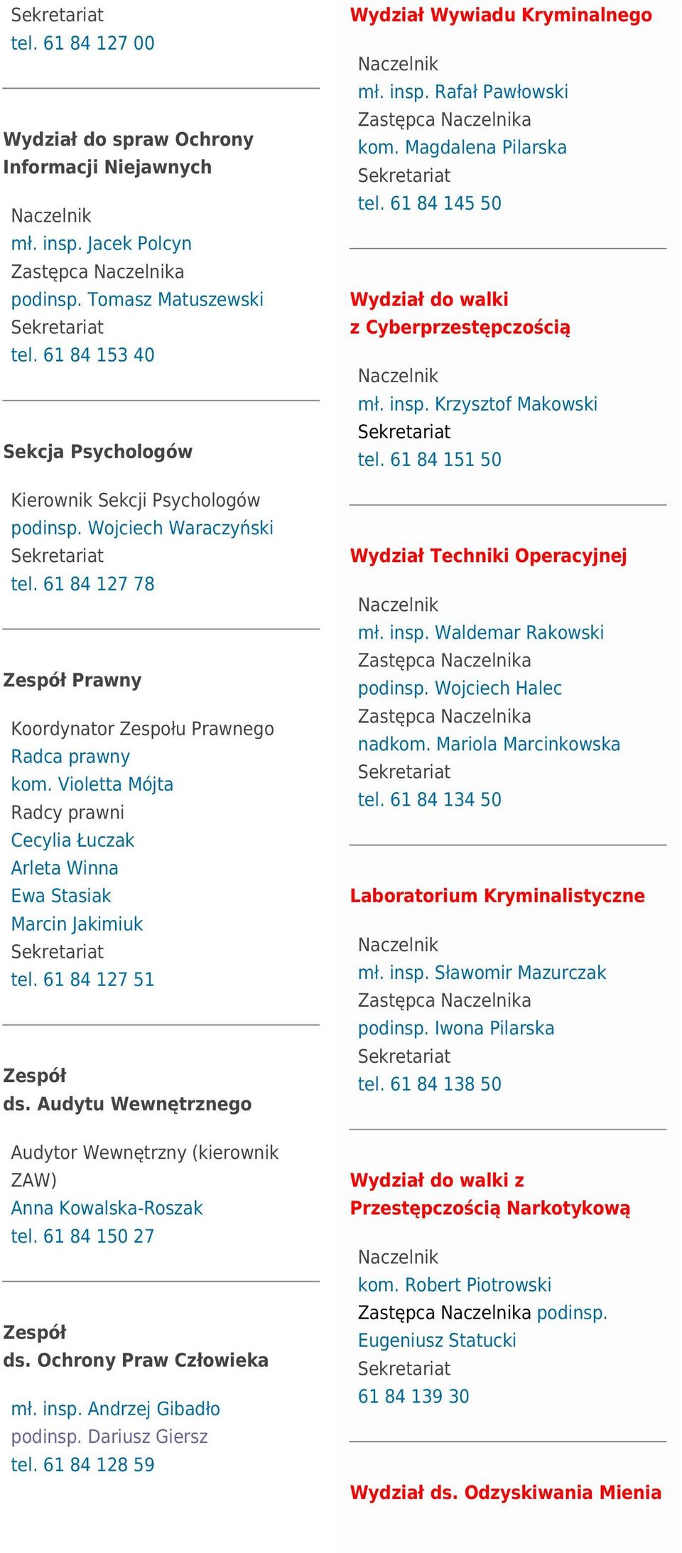 Violetta Mójta Radcy prawni Cecylia Łuczak Arleta Winna Ewa Stasiak Marcin Jakimiuk tel. 61 84 127 51 Zespół ds. Audytu Wewnętrznego Audytor Wewnętrzny (kierownik ZAW) Anna Kowalska-Roszak tel.