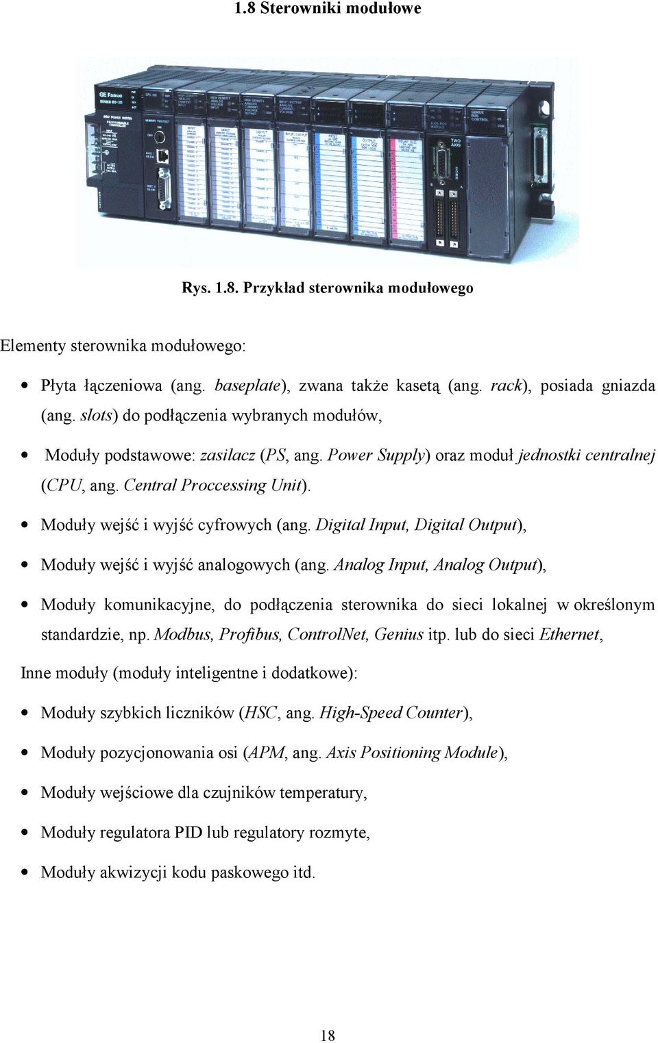 Digital Input, Digital Output), Moduły wejść i wyjść analogowych (ang. Analog Input, Analog Output), Moduły komunikacyjne, do podłączenia sterownika do sieci lokalnej w określonym standardzie, np.