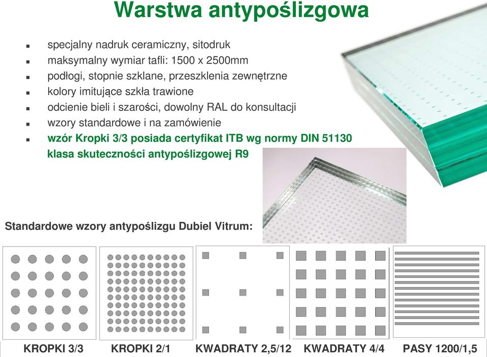 wzory standardowe i na zamówienie wzór Kropki 3/3 posiada certyfikat ITB wg normy DIN 51130 klasa skuteczności