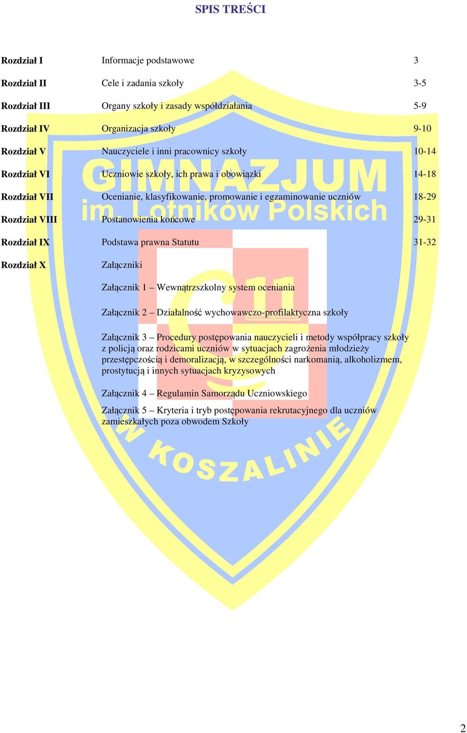 końcowe 29-31 Rozdział IX Podstawa prawna Statutu 31-32 Rozdział X Załączniki Załącznik 1 Wewnątrzszkolny system oceniania Załącznik 2 Działalność wychowawczo-profilaktyczna szkoły Załącznik 3