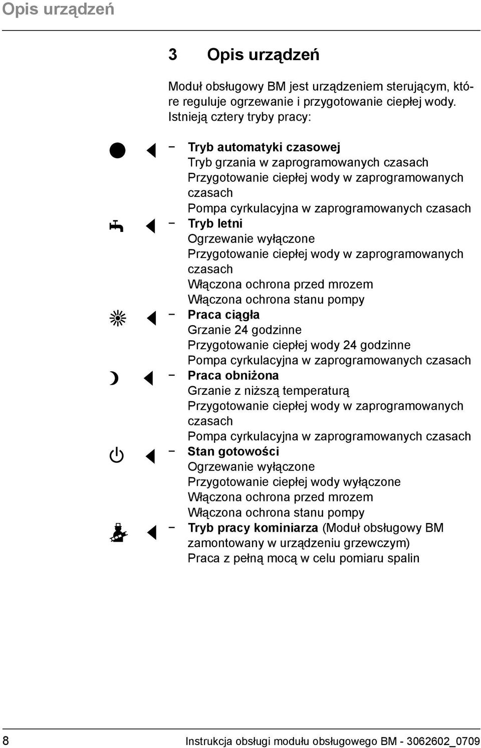 letni Ogrzewanie wyłączone Przygotowanie ciepłej wody w zaprogramowanych czasach Włączona ochrona przed mrozem Włączona ochrona stanu pompy Praca ciągła Grzanie 24 godzinne Przygotowanie ciepłej wody