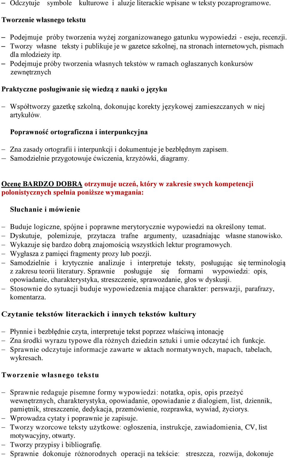 Podejmuje próby tworzenia własnych tekstów w ramach ogłaszanych konkursów zewnętrznych Praktyczne posługiwanie się wiedzą z nauki o języku Współtworzy gazetkę szkolną, dokonując korekty językowej