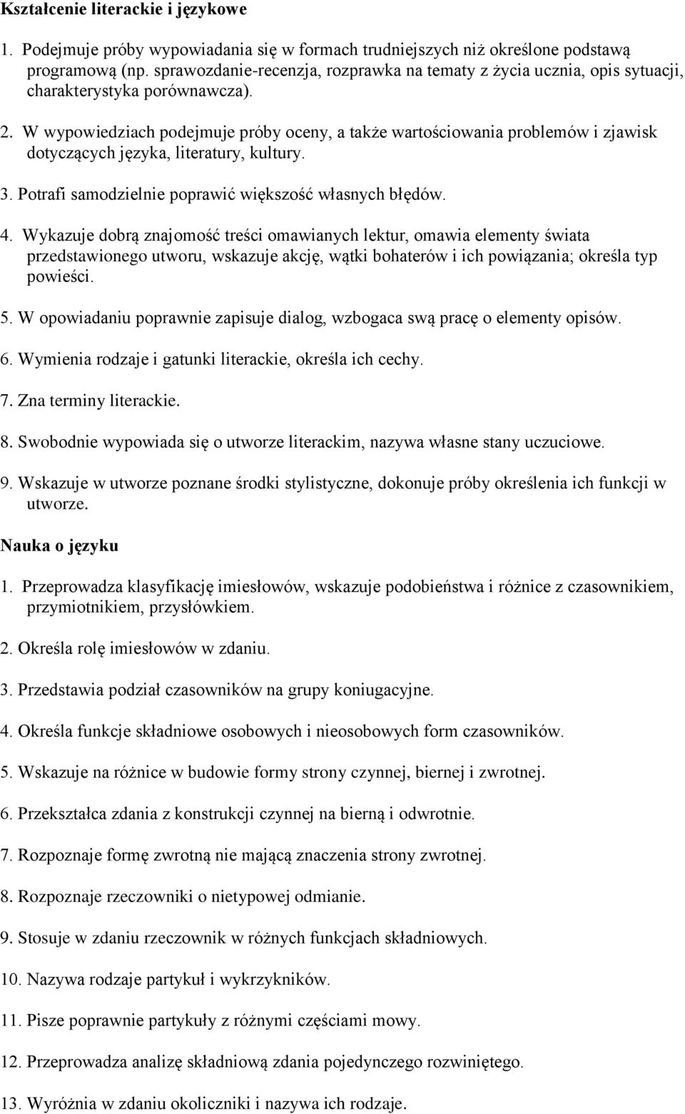 W wypowiedziach podejmuje próby oceny, a także wartościowania problemów i zjawisk dotyczących języka, literatury, kultury. 3. Potrafi samodzielnie poprawić większość własnych błędów. 4.