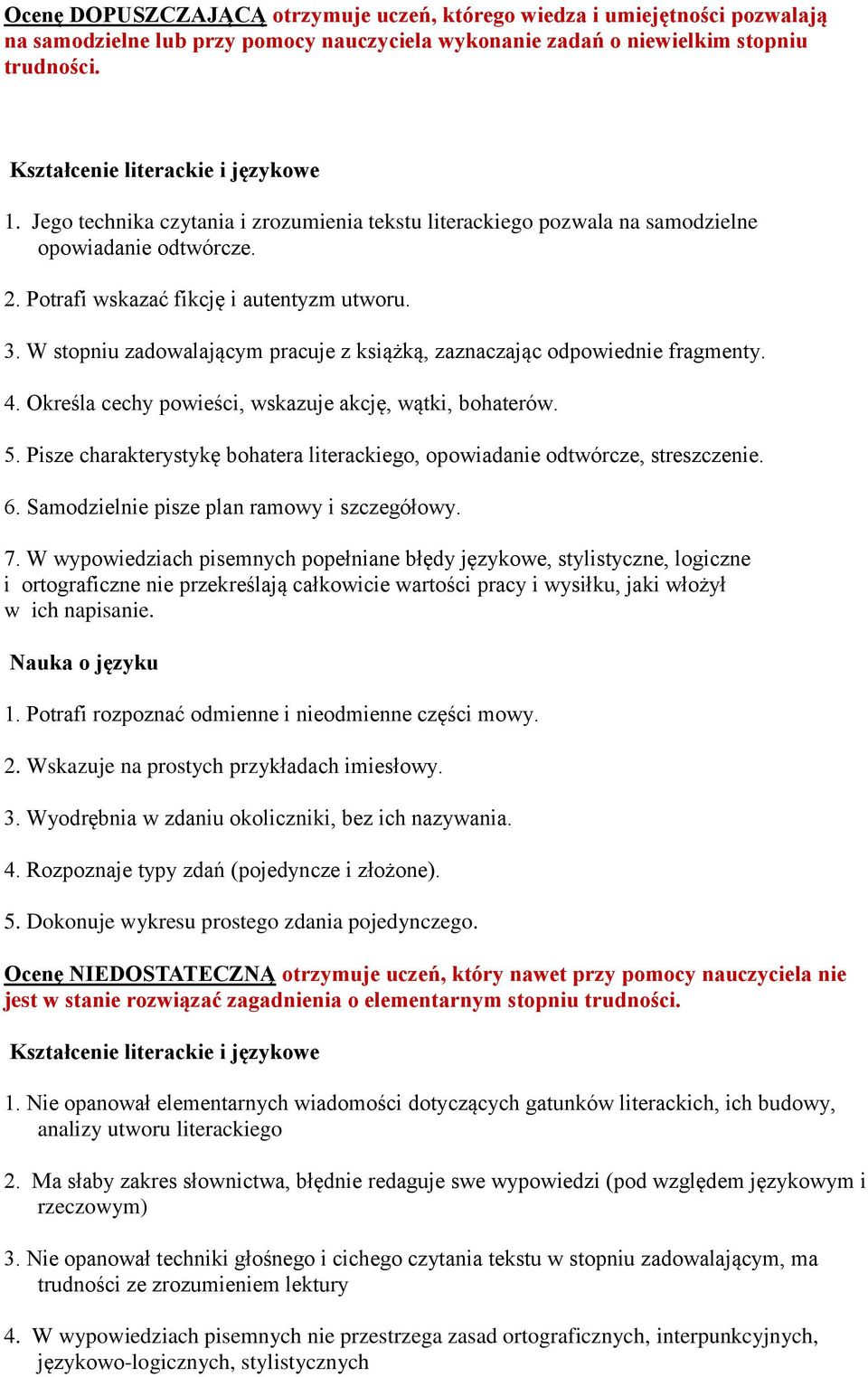 W stopniu zadowalającym pracuje z książką, zaznaczając odpowiednie fragmenty. 4. Określa cechy powieści, wskazuje akcję, wątki, bohaterów. 5.