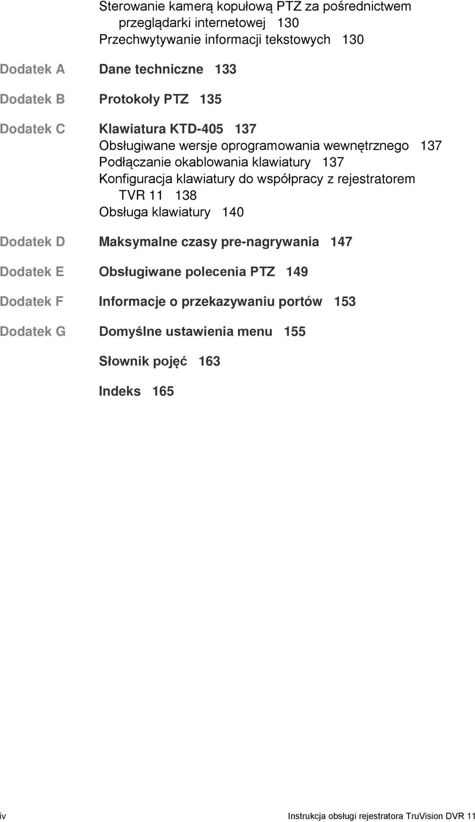 klawiatury do współpracy z rejestratorem TVR 11 138 Obsługa klawiatury 140 Dodatek D Maksymalne czasy pre-nagrywania 147 Dodatek E Obsługiwane polecenia PTZ 149