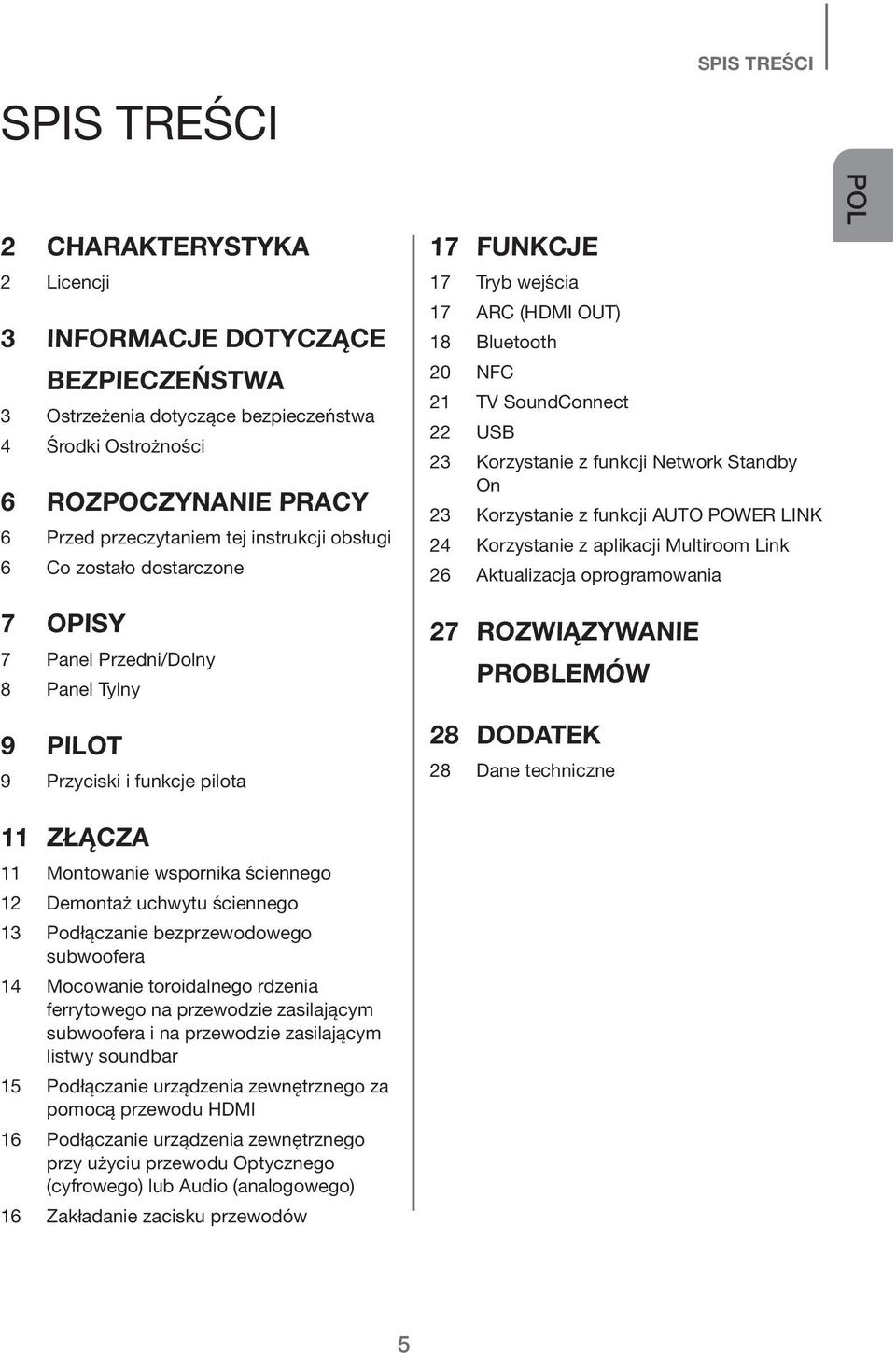 funkcji AUTO POWER LINK 24 Korzystanie z aplikacji Multiroom Link 26 Aktualizacja oprogramowania POL 7 OPISY 7 Panel Przedni/Dolny 8 Panel Tylny 9 PILOT 9 Przyciski i funkcje pilota 11 ZŁĄCZA 11