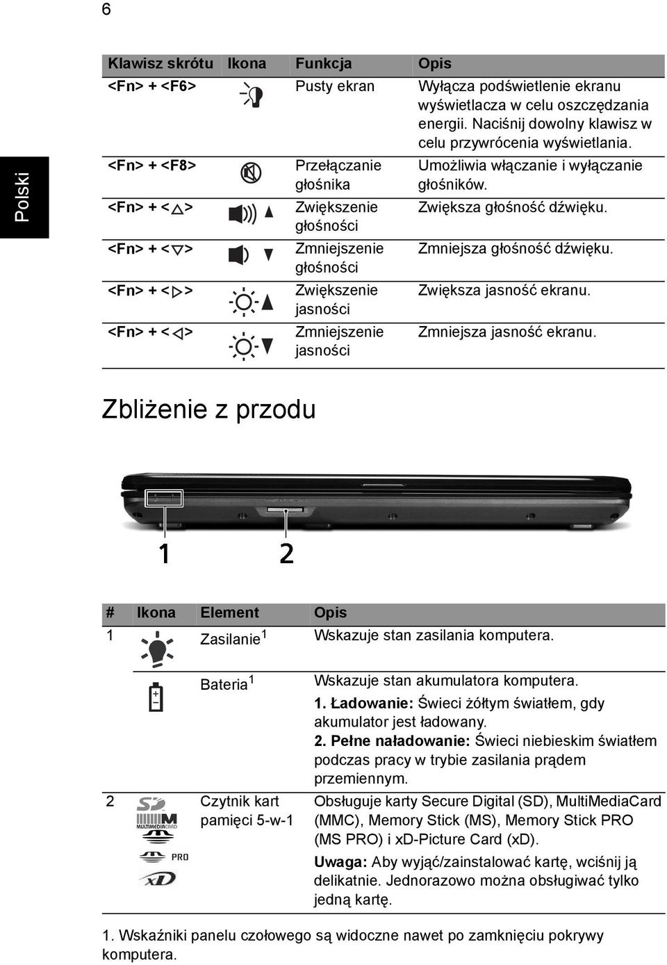 głośników. Zwiększa głośność dźwięku. Zmniejsza głośność dźwięku. Zwiększa jasność ekranu. Zmniejsza jasność ekranu. Zbliżenie z przodu 1 Zasilanie 1 Wskazuje stan zasilania komputera.