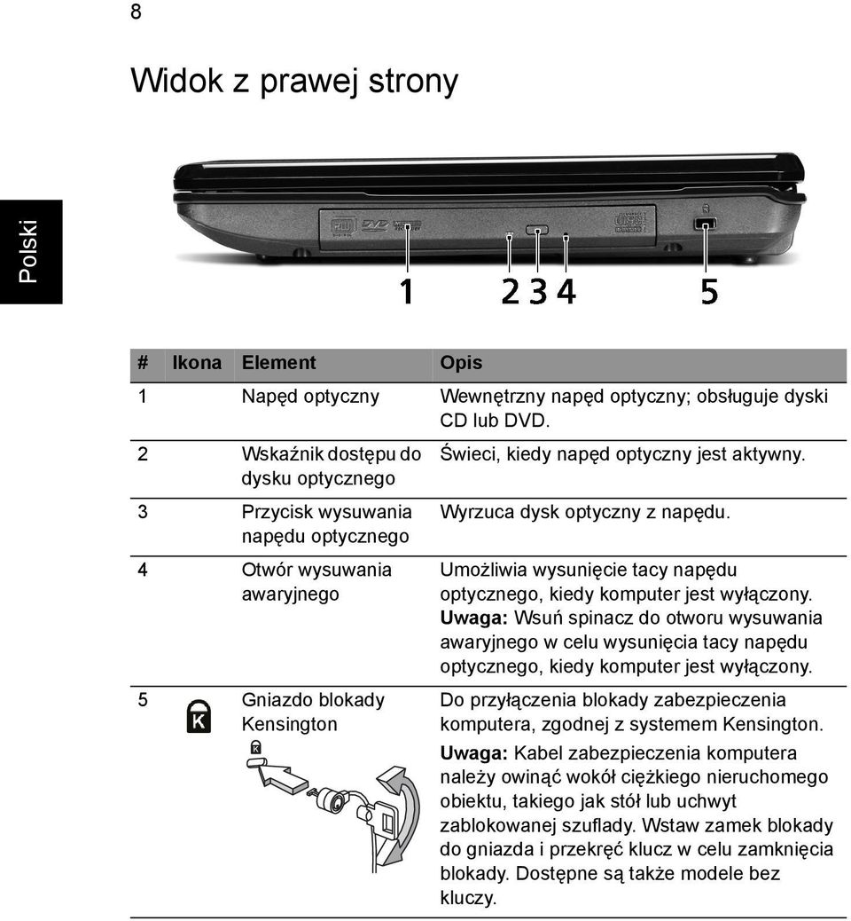 Wyrzuca dysk optyczny z napędu. Umożliwia wysunięcie tacy napędu optycznego, kiedy komputer jest wyłączony.