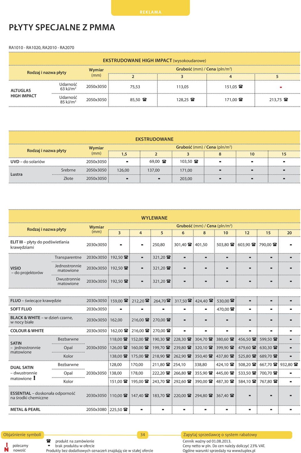 nazwa płyty (mm) 1,5 2 3 8 10 15 UVD do solariów 2050x3050 69,00 60,00 103,50 90,00 Srebrne 2050x3050 121,00 126,00 137,00 132,00 165,00 171,00 Lustra Złote 2050x3050 198,00 203,00 Rodzaj i nazwa