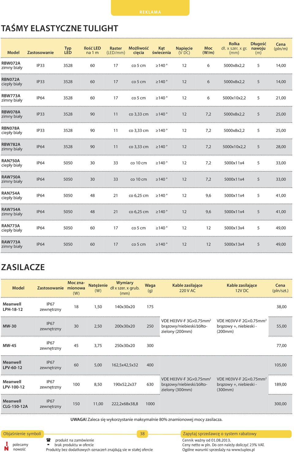 (mm) mm Długość Długość nawoju nawoju (m) (m) (pln/m) RBW072A zimny RBW072A zimny IP33 IP33 3528 3528 60 60 17 17 co co 5 cm 5 cm 300 140 140 12 12 V DC 6 6 5000x8x2,2 x 8 x 2,2 5 19,00 14,00 RBN072A