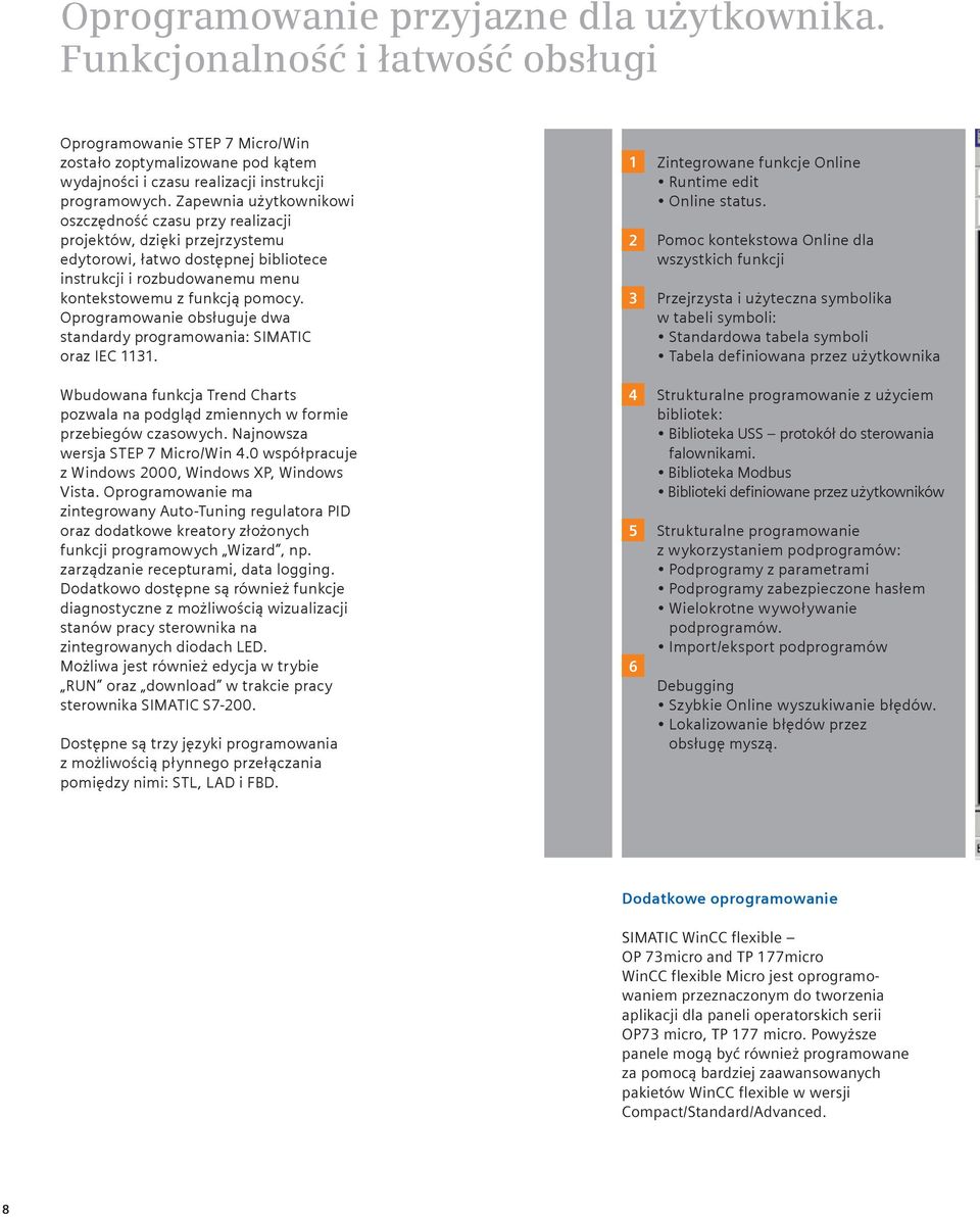 Oprogramowanie obsługuje dwa standardy programowania: SIMATIC oraz IEC 1131. Wbudowana funkcja Trend Charts pozwala na podgląd zmiennych w formie przebiegów czasowych.