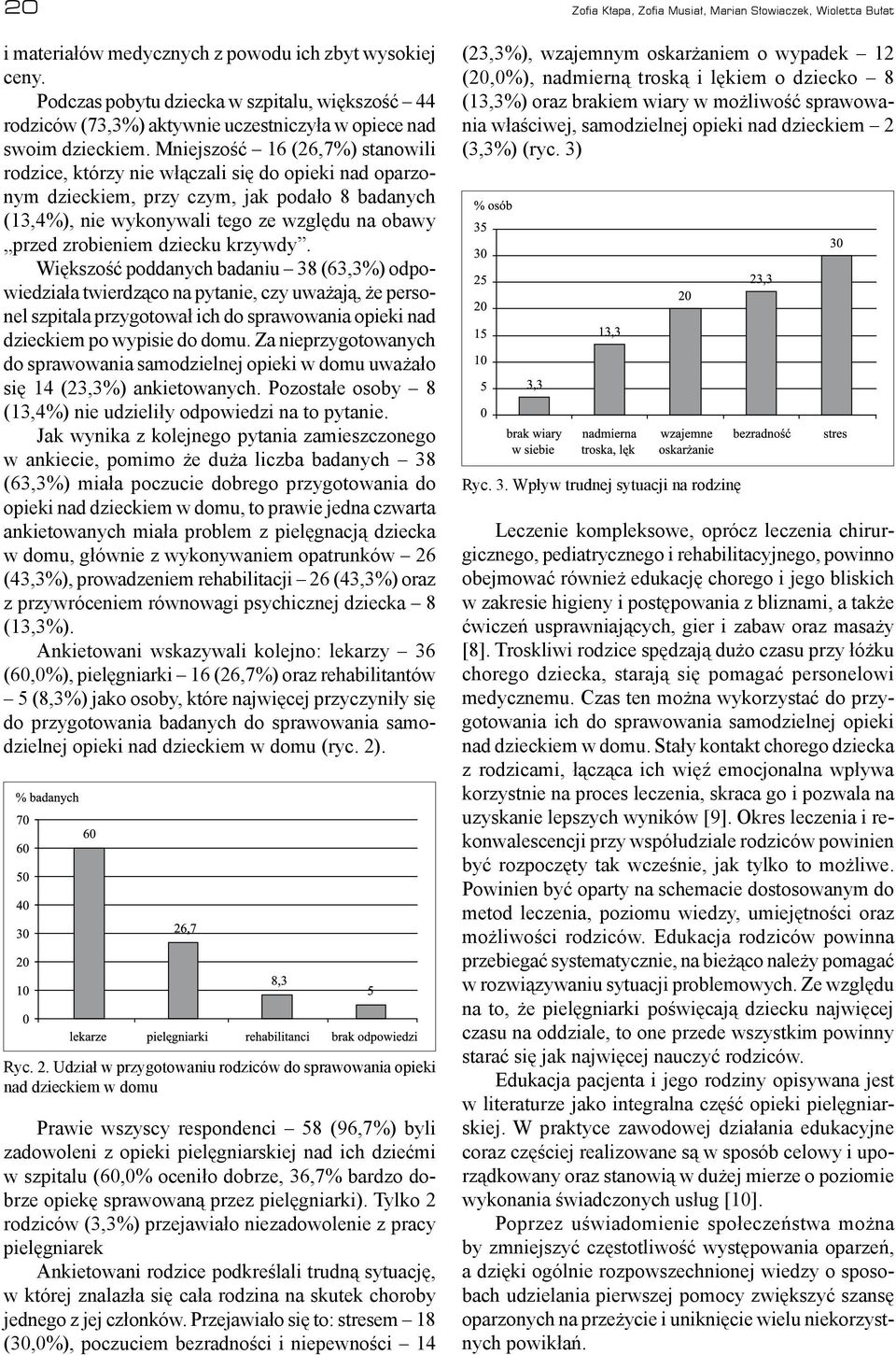 Mniejszość 16 (26,7%) stanowili rodzice, którzy nie włączali się do opieki nad oparzonym dzieckiem, przy czym, jak podało 8 badanych (13,4%), nie wykonywali tego ze względu na obawy przed zrobieniem