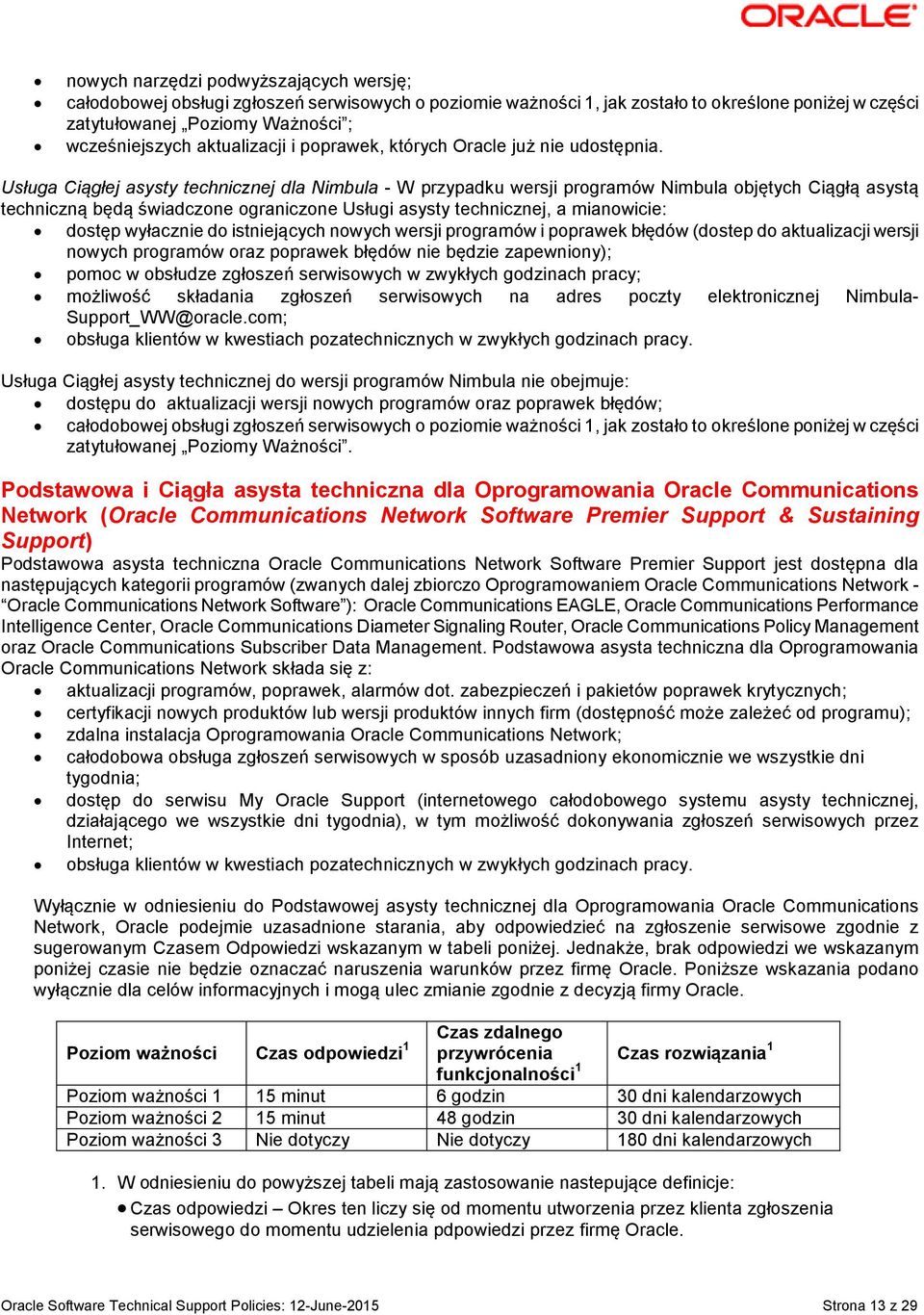 Usługa Ciągłej asysty technicznej dla Nimbula - W przypadku wersji programów Nimbula objętych Ciągłą asystą techniczną będą świadczone ograniczone Usługi asysty technicznej, a mianowicie: dostęp