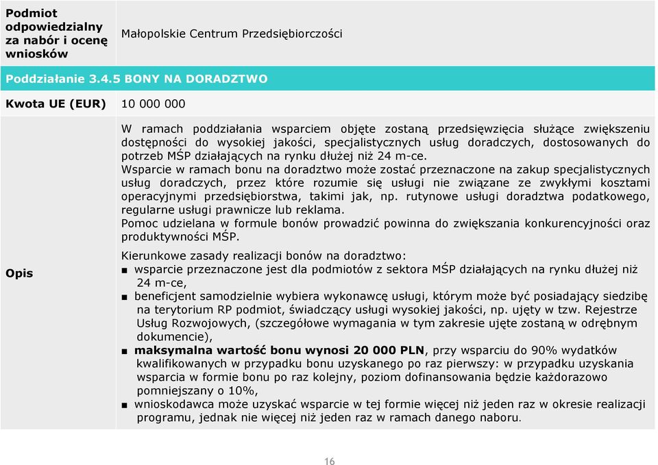 dostosowanych do potrzeb MŚP działających na rynku dłużej niż 24 m-ce.