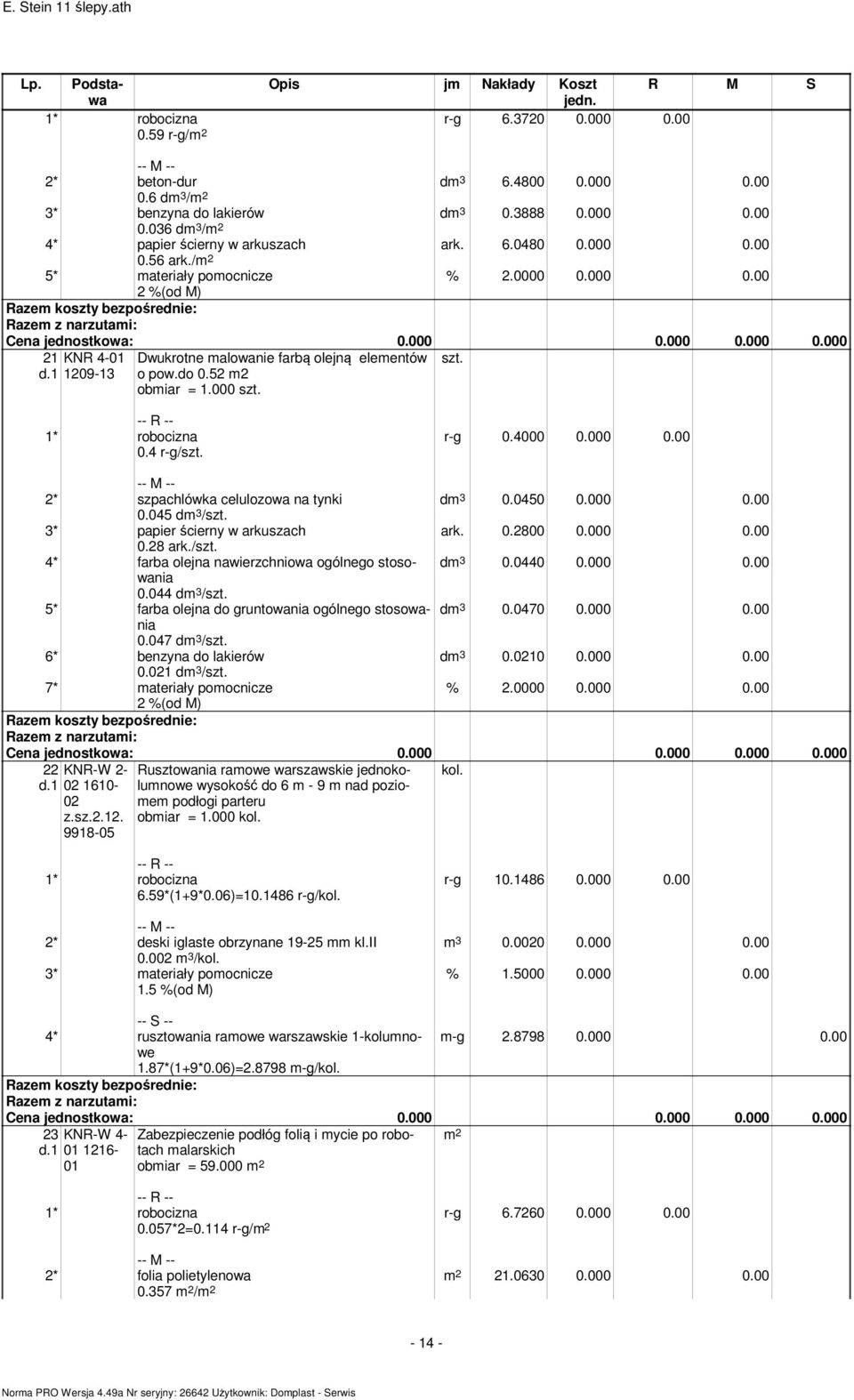 000 0.00 2* szpachlówka celulozowa na tynki dm 3 0.0450 0.000 0.00 0.045 dm 3 /szt. 3* papier ścierny w arkuszach ark. 0.2800 0.000 0.00 0.28 ark./szt. 4* farba olejna nawierzchniowa ogólnego stosowania dm 3 0.