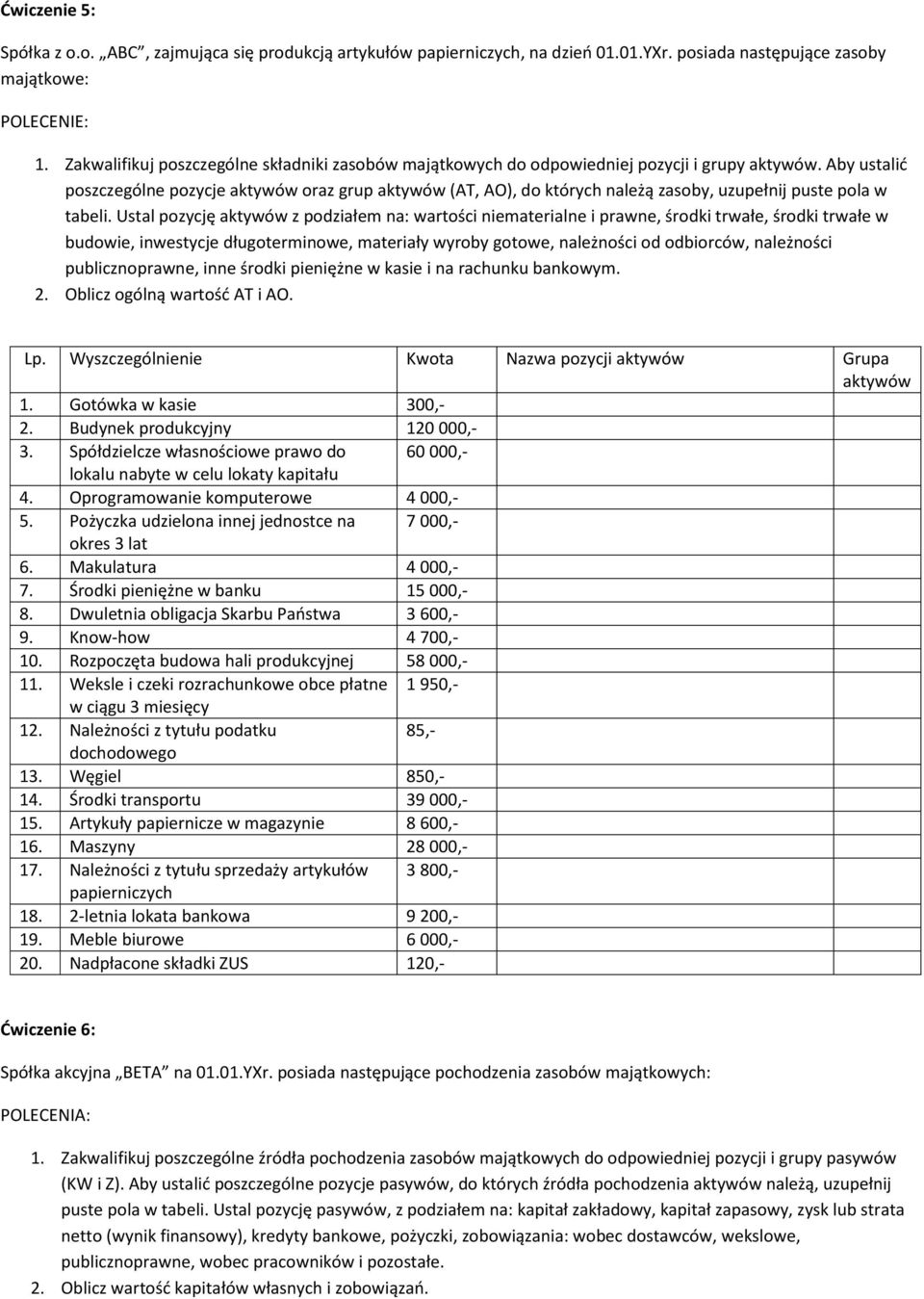 Aby ustalić poszczególne pozycje aktywów oraz grup aktywów (AT, AO), do których należą zasoby, uzupełnij puste pola w tabeli.