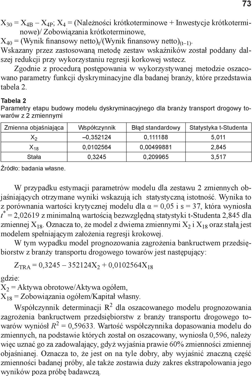 Zgodnie z procedurą postępowania w wykorzystywanej metodzie oszacowano parametry funkcji dyskryminacyjne dla badanej branży, które przedstawia tabela 2.