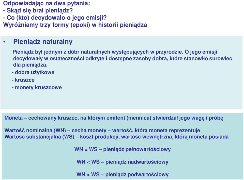 O jego emisji decydowały w ostateczności odkryte i dostępne zasoby dobra, które stanowiło surowiec dla pieniądza.