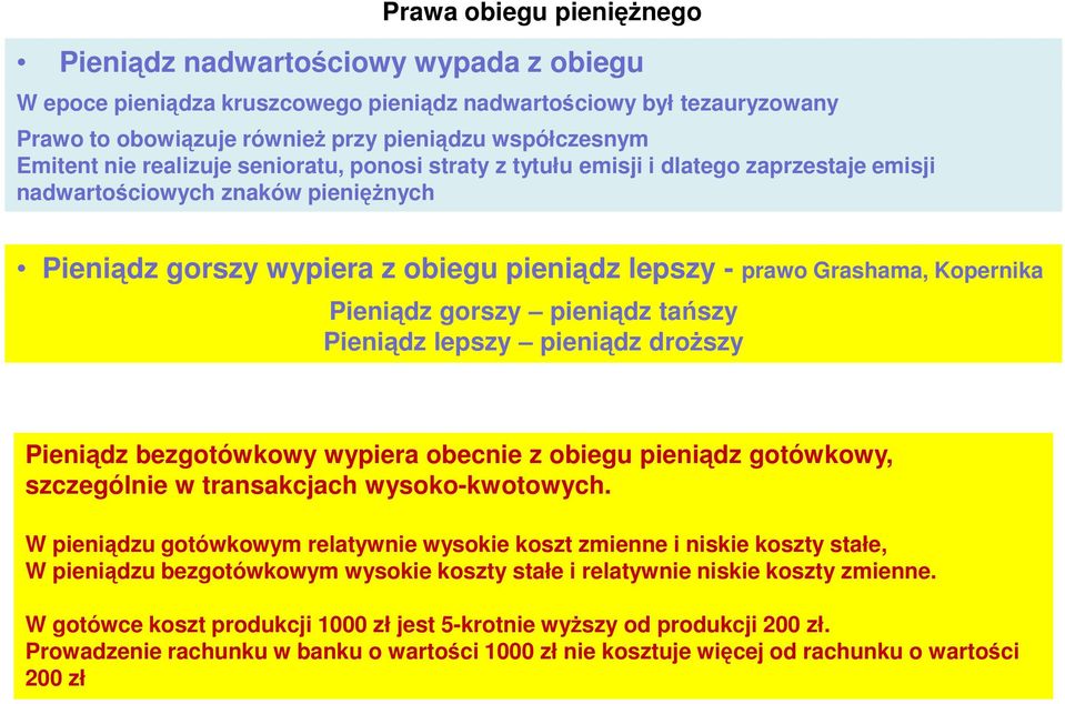 Kopernika Pieniądz gorszy pieniądz tańszy Pieniądz lepszy pieniądz droższy Pieniądz bezgotówkowy wypiera obecnie z obiegu pieniądz gotówkowy, szczególnie w transakcjach wysoko-kwotowych.