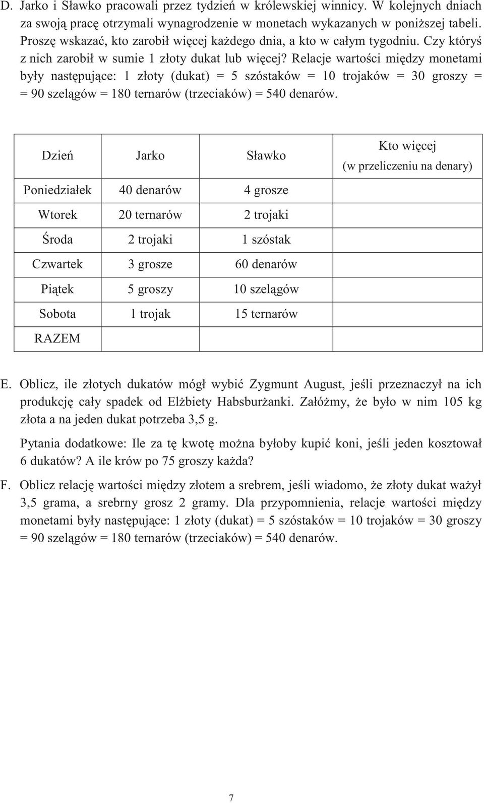 Relacje wartości między monetami były następujące: 1 złoty (dukat) = 5 szóstaków = 10 trojaków = 30 groszy = = 90 szelągów = 180 ternarów (trzeciaków) = 540 denarów.