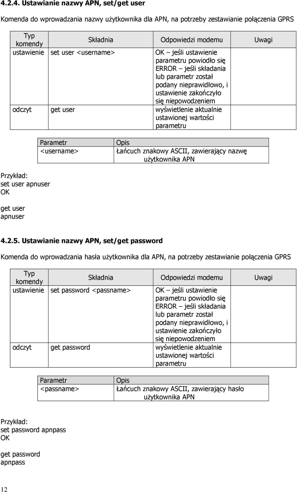 Ustawianie nazwy APN, set/get password Komenda do wprowadzania hasła użytkownika dla APN, na potrzeby zestawianie połączenia GPRS ustawienie set password <passname> jeśli