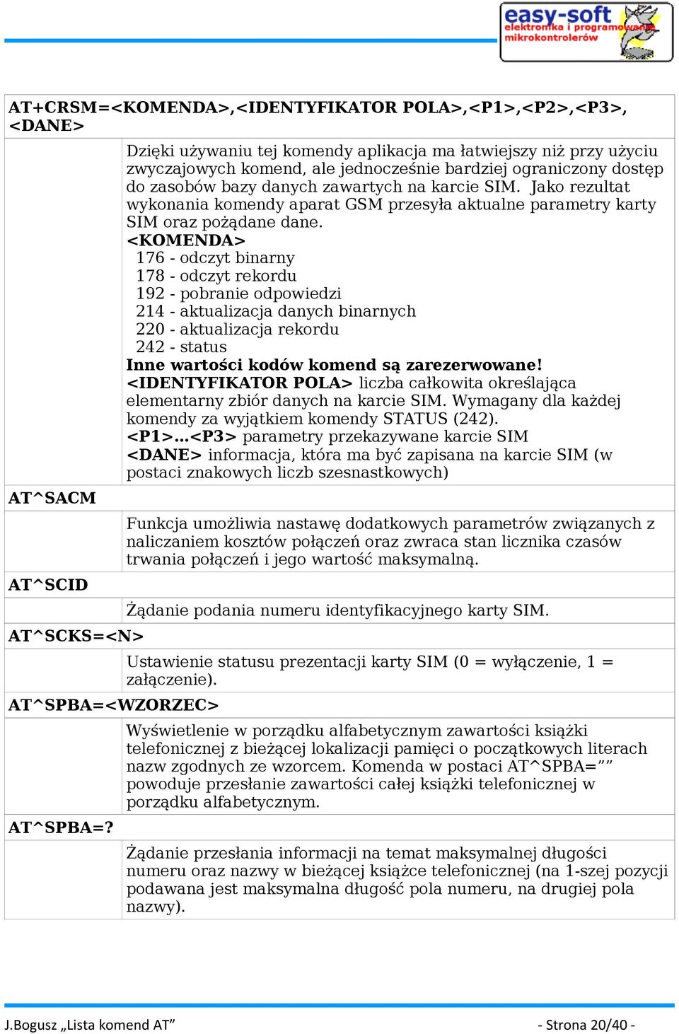 Jako rezultat wykonania komendy aparat GSM przesyła aktualne parametry karty SIM oraz pożądane dane.