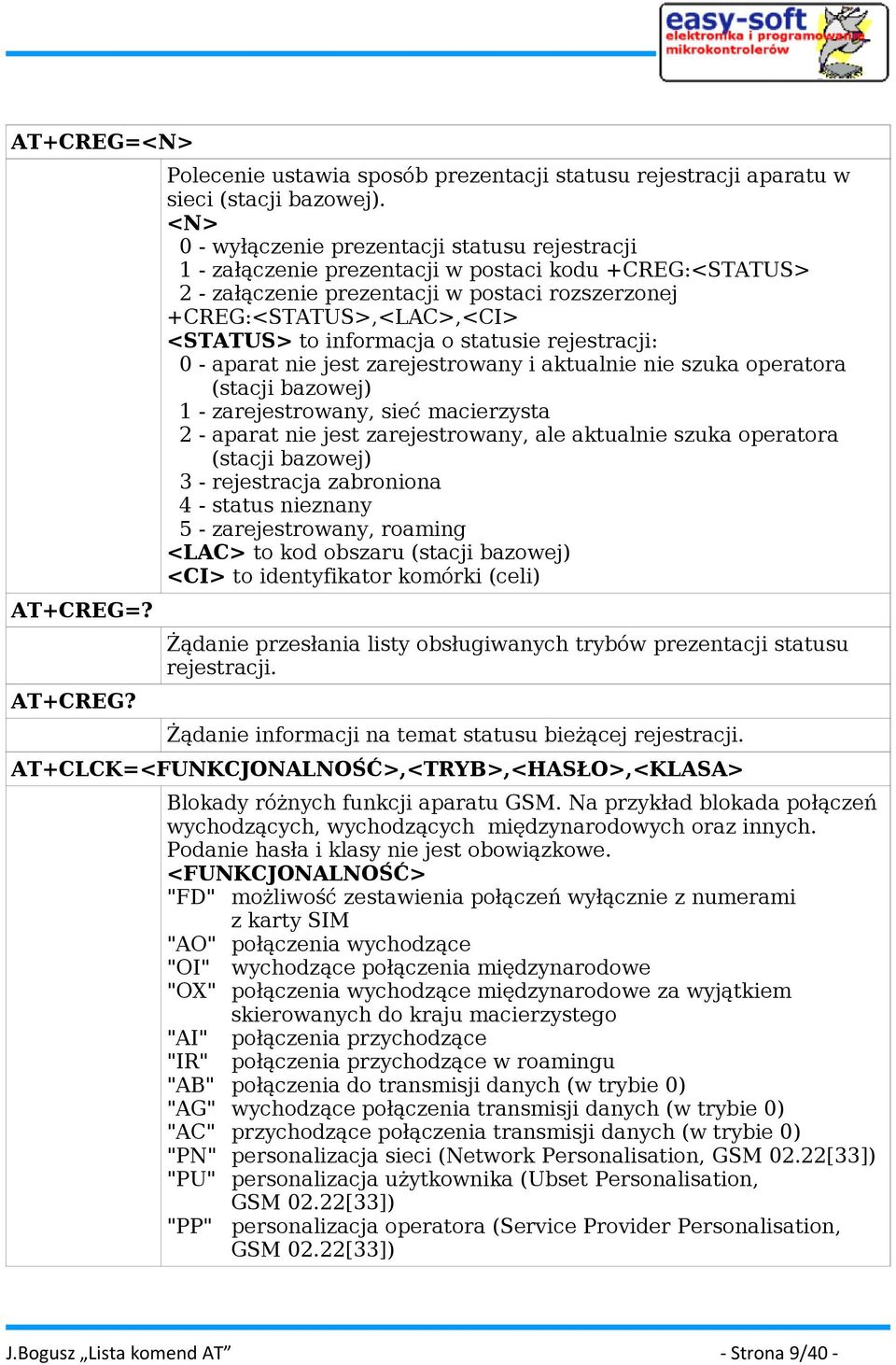 informacja o statusie rejestracji: 0 - aparat nie jest zarejestrowany i aktualnie nie szuka operatora (stacji bazowej) 1 - zarejestrowany, sieć macierzysta 2 - aparat nie jest zarejestrowany, ale