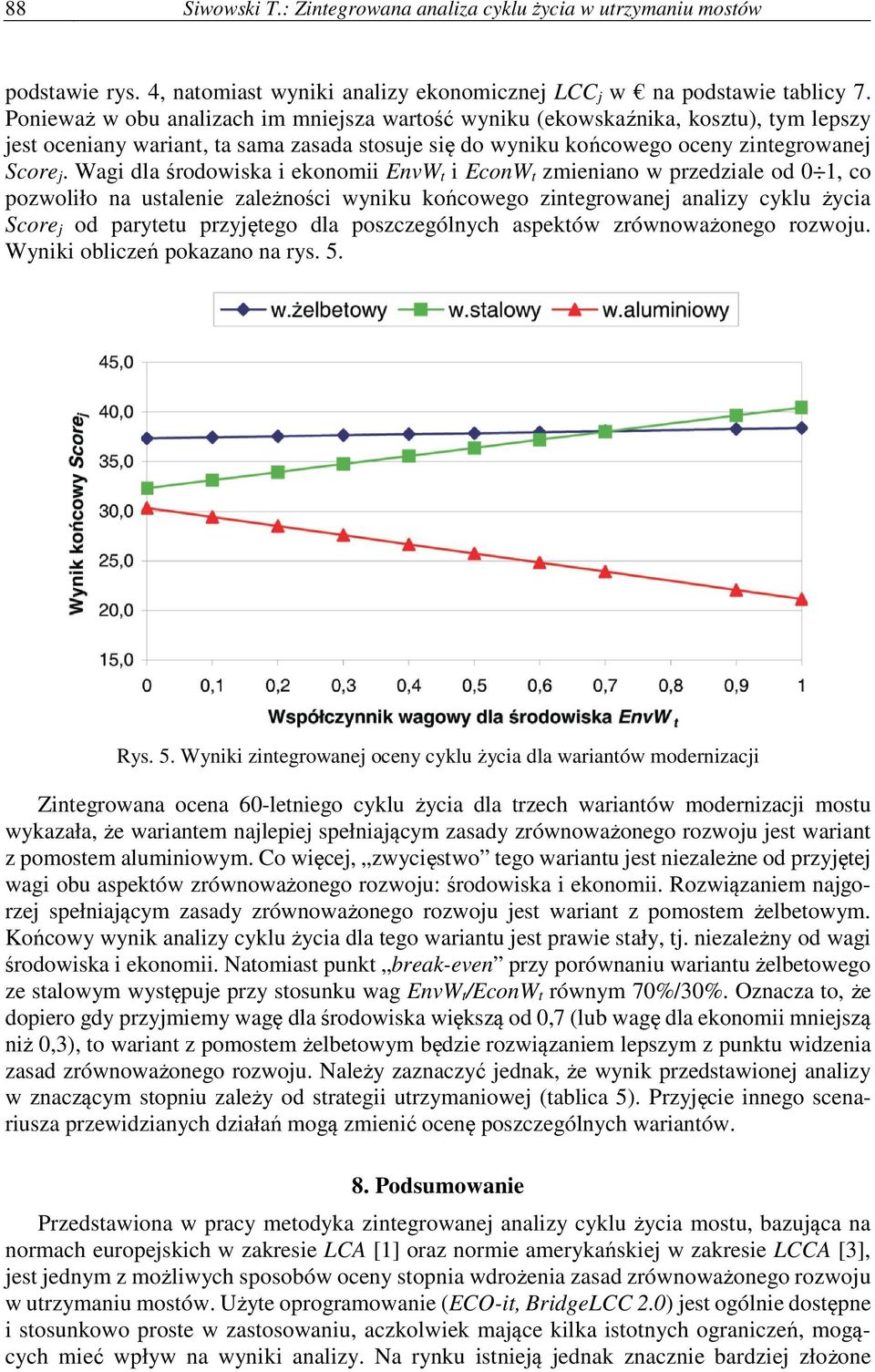 Wagi dla środowiska i ekonomii EnvW t i EconW t zmieniano w przedziale od 0 1, co pozwoliło na ustalenie zależności wyniku końcowego zintegrowanej analizy cyklu życia Score j od parytetu przyjętego