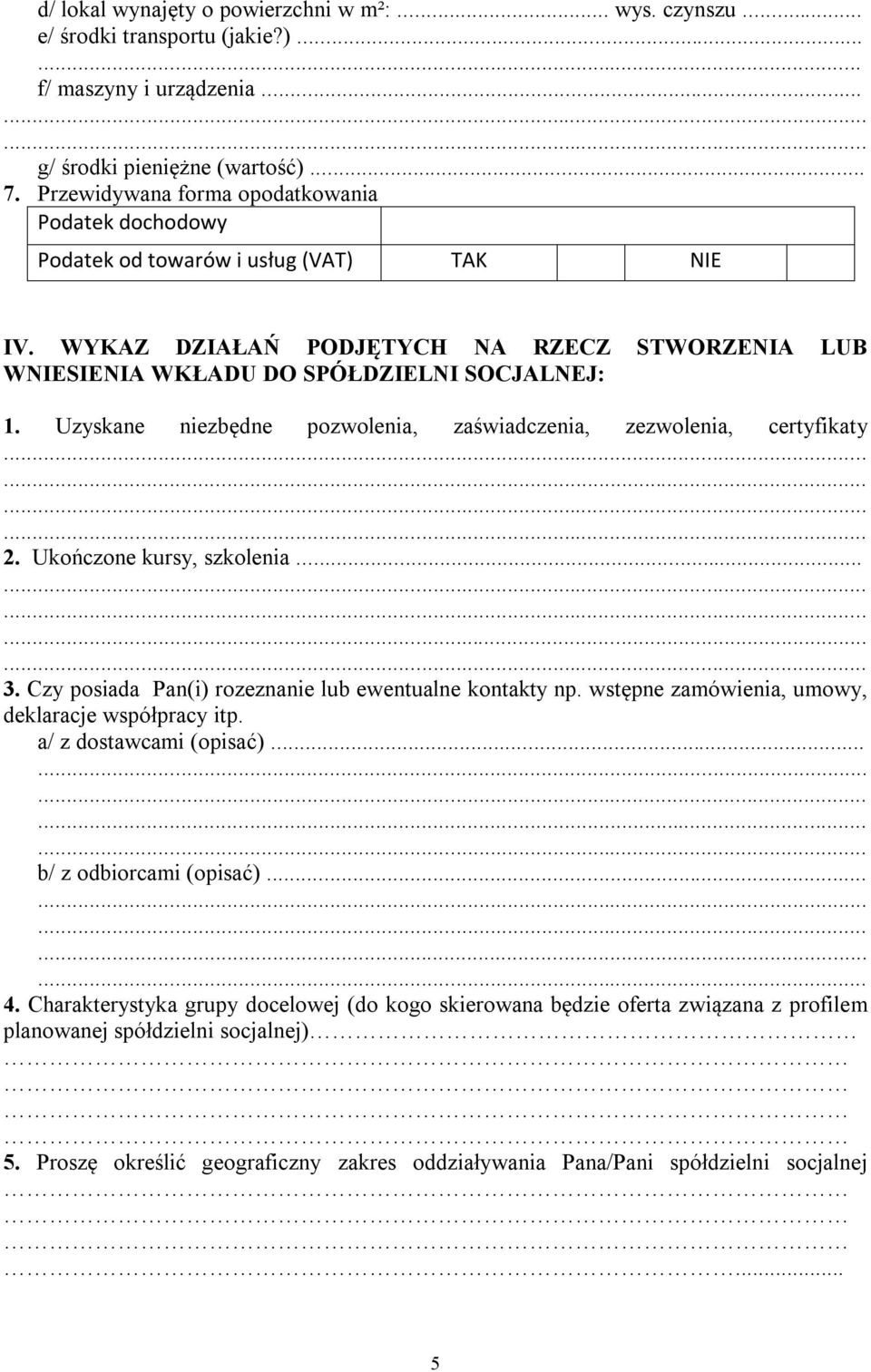 Uzyskane niezbędne pozwolenia, zaświadczenia, zezwolenia, certyfikaty 2. Ukończone kursy, szkolenia... 3. Czy posiada Pan(i) rozeznanie lub ewentualne kontakty np.