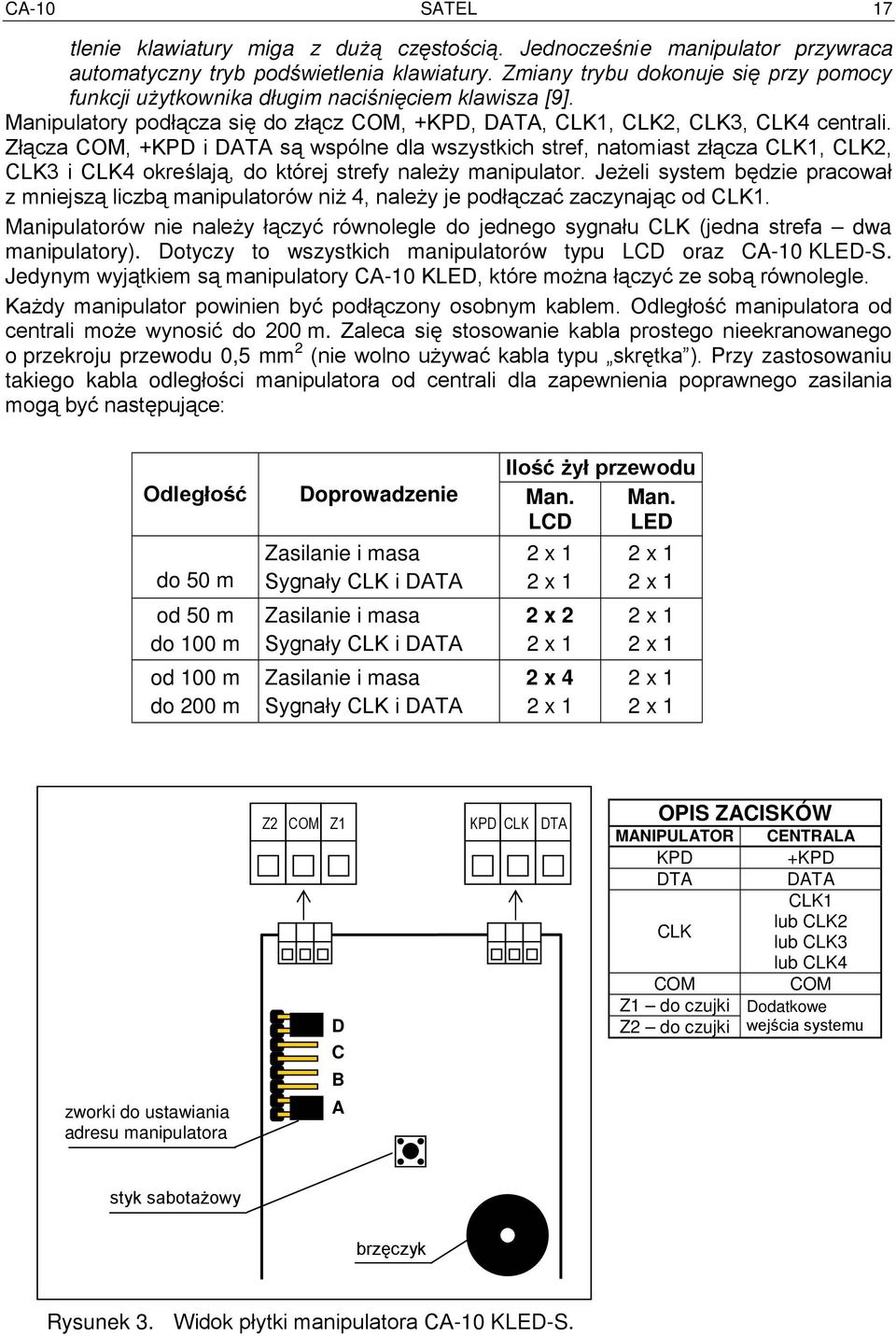 Złącza COM, +KPD i DATA są wspólne dla wszystkich stref, natomiast złącza CLK1, CLK2, CLK3 i CLK4 określają, do której strefy należy manipulator.