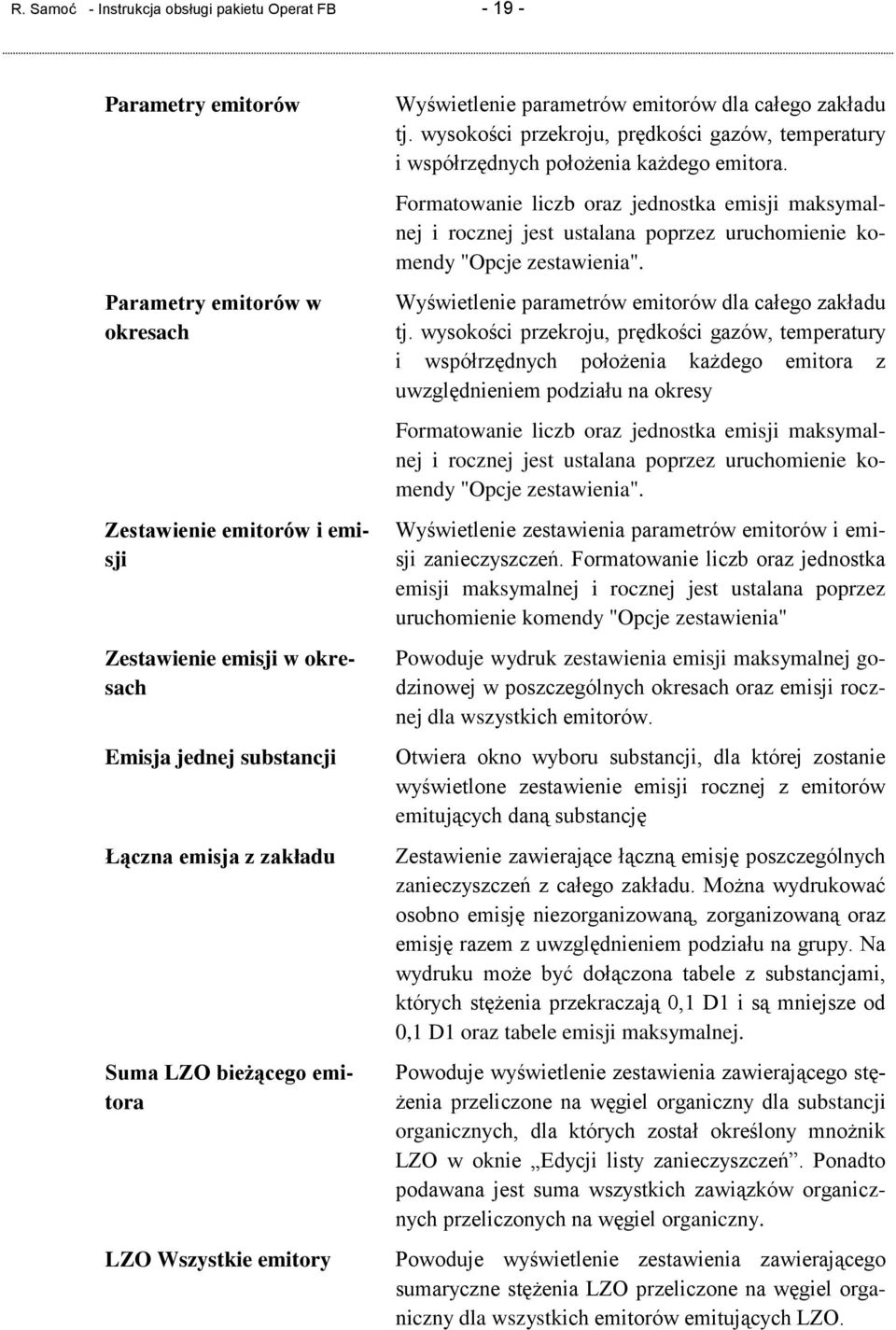 wysokości przekroju, prędkości gazów, temperatury i współrzędnych położenia każdego emitora.