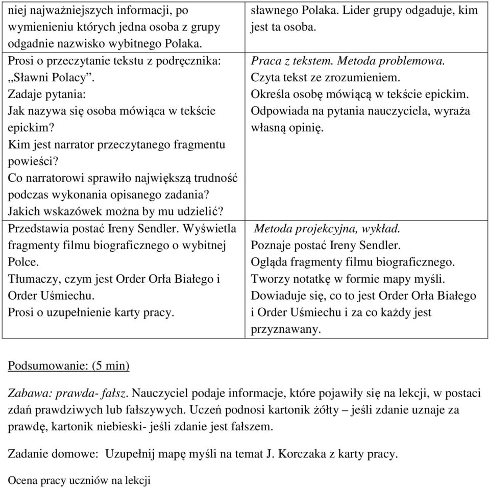 Jakich wskazówek można by mu udzielić? Przedstawia postać Ireny Sendler. Wyświetla fragmenty filmu biograficznego o wybitnej Polce. Tłumaczy, czym jest Order Orła Białego i Order Uśmiechu.