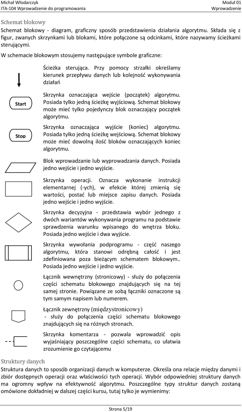 Przy pomocy strzałki określamy kierunek przepływu danych lub kolejność wykonywania działań Start Stop Skrzynka oznaczająca wejście (początek) algorytmu. Posiada tylko jedną ścieżkę wyjściową.