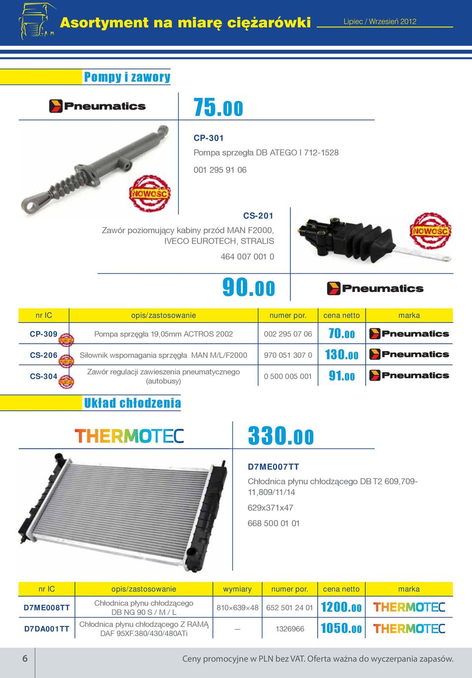 cena netto marka CP-309 Pompa sprzêg³a 19,05mm ACTROS 2002 002 295 07 06 70.00 CS-206 Si³ownik wspomagania sprzêg³a MAN M/L/F2000 970 051 307 0 130.