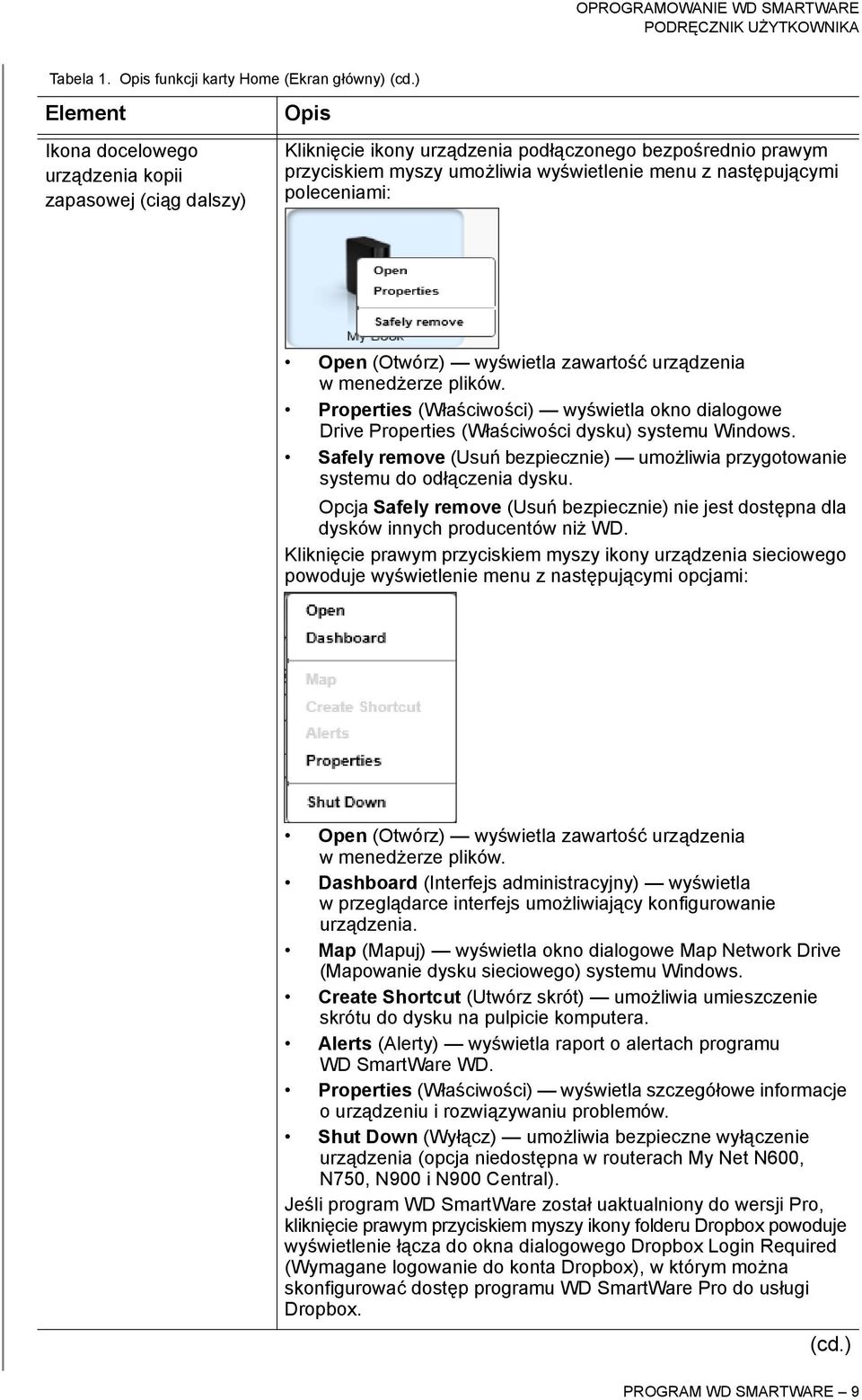 poleceniami: Open (Otwórz) wyświetla zawartość urządzenia w menedżerze plików. Properties (Właściwości) wyświetla okno dialogowe Drive Properties (Właściwości dysku) systemu Windows.