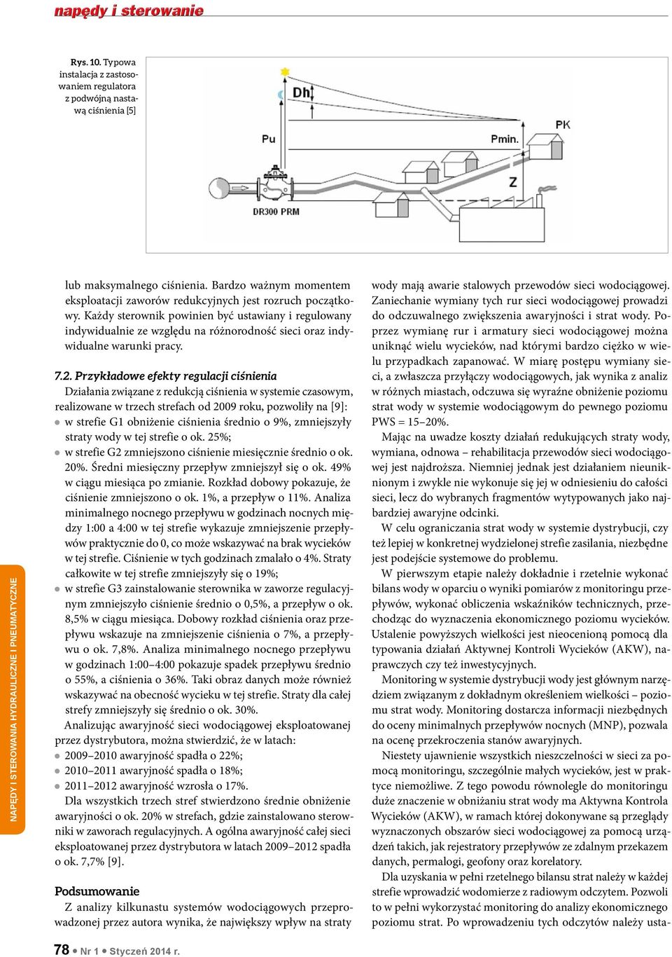 Przykładowe efekty regulacji ciśnienia Działania związane z redukcją ciśnienia w systemie czasowym, realizowane w trzech strefach od 2009 roku, pozwoliły na [9]: w strefie G1 obniżenie ciśnienia