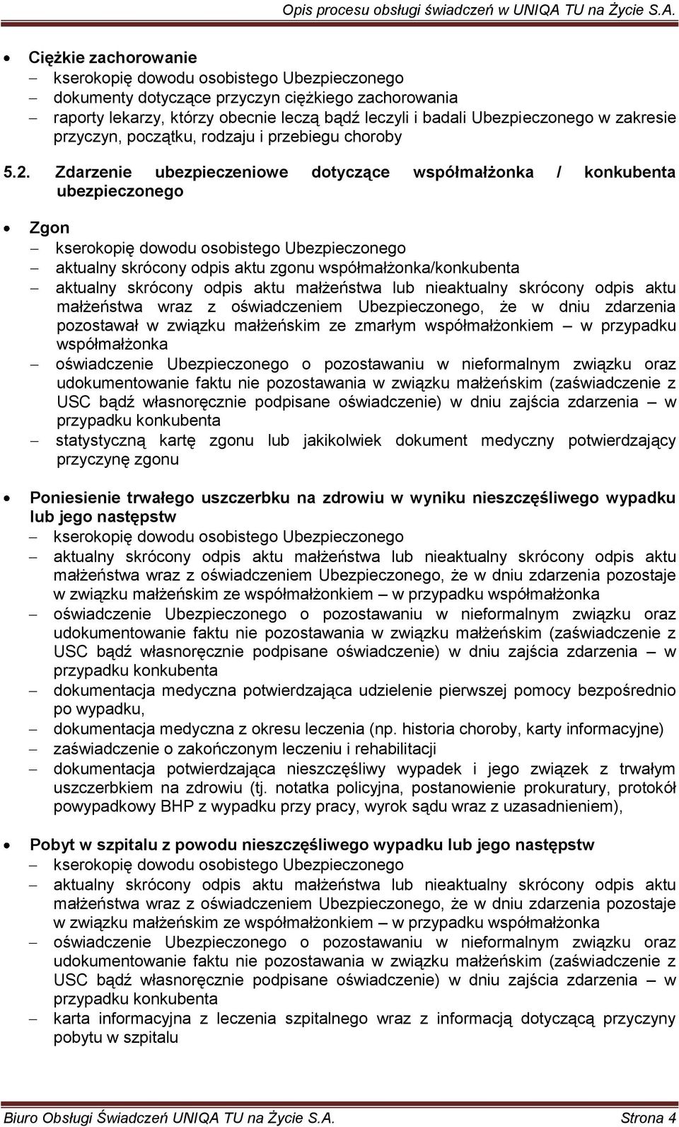 Zdarzenie ubezpieczeniowe dotyczące współmałżonka / konkubenta ubezpieczonego Zgon aktualny skrócony odpis aktu zgonu współmałżonka/konkubenta małżeństwa wraz z oświadczeniem Ubezpieczonego, że w