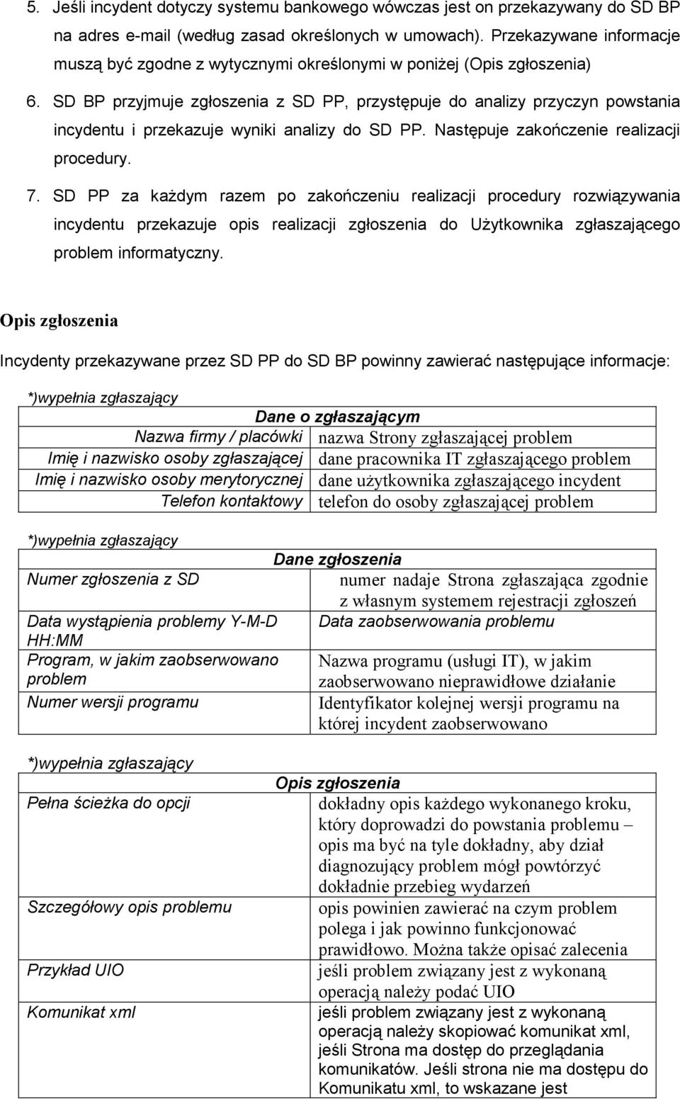SD BP przyjmuje zgłoszenia z SD PP, przystępuje do analizy przyczyn powstania incydentu i przekazuje wyniki analizy do SD PP. Następuje zakończenie realizacji procedury. 7.