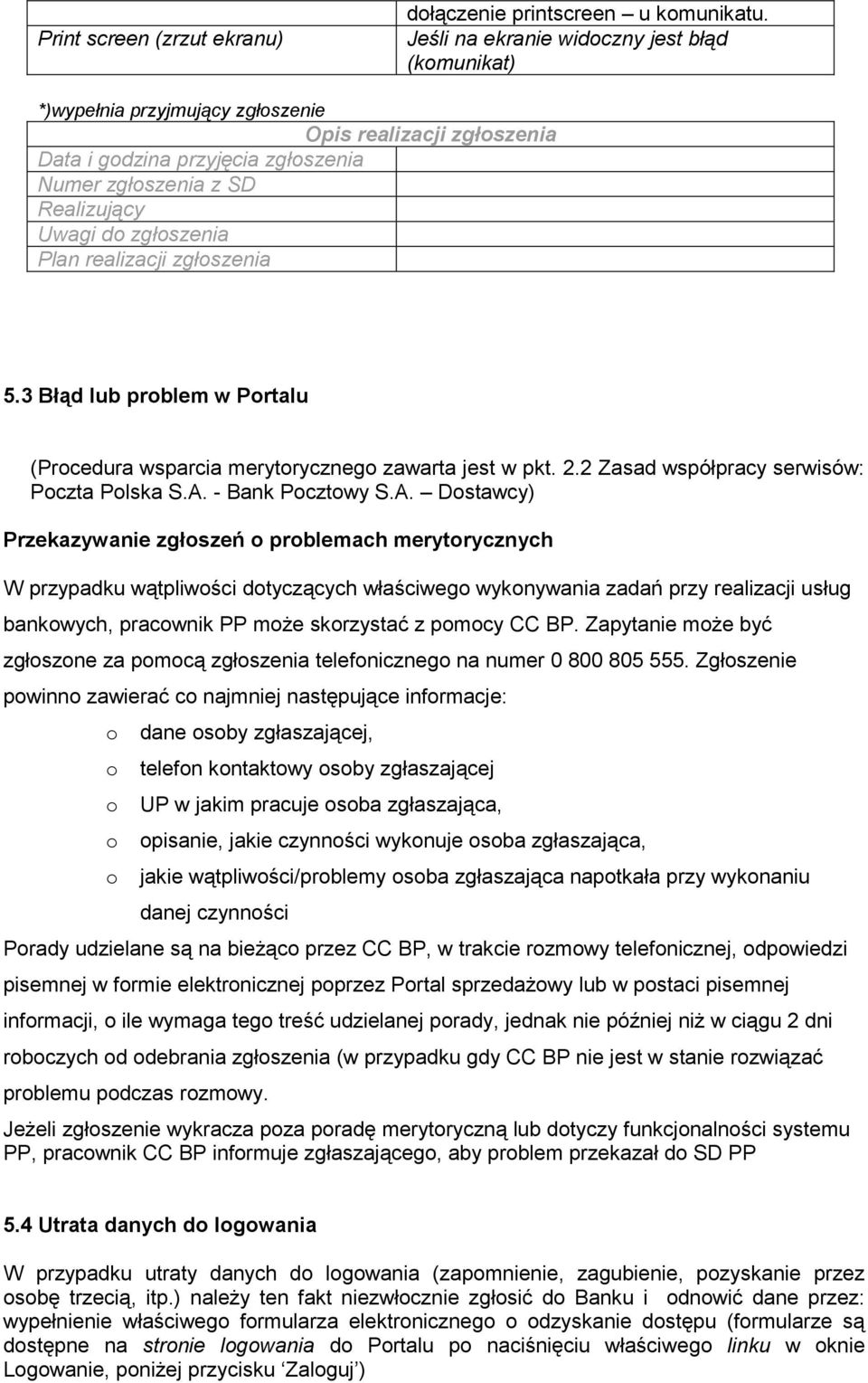 Plan realizacji zgłoszenia 5.3 Błąd lub problem w Portalu (Procedura wsparcia merytorycznego zawarta jest w pkt. 2.2 Zasad współpracy serwisów: Poczta Polska S.A.