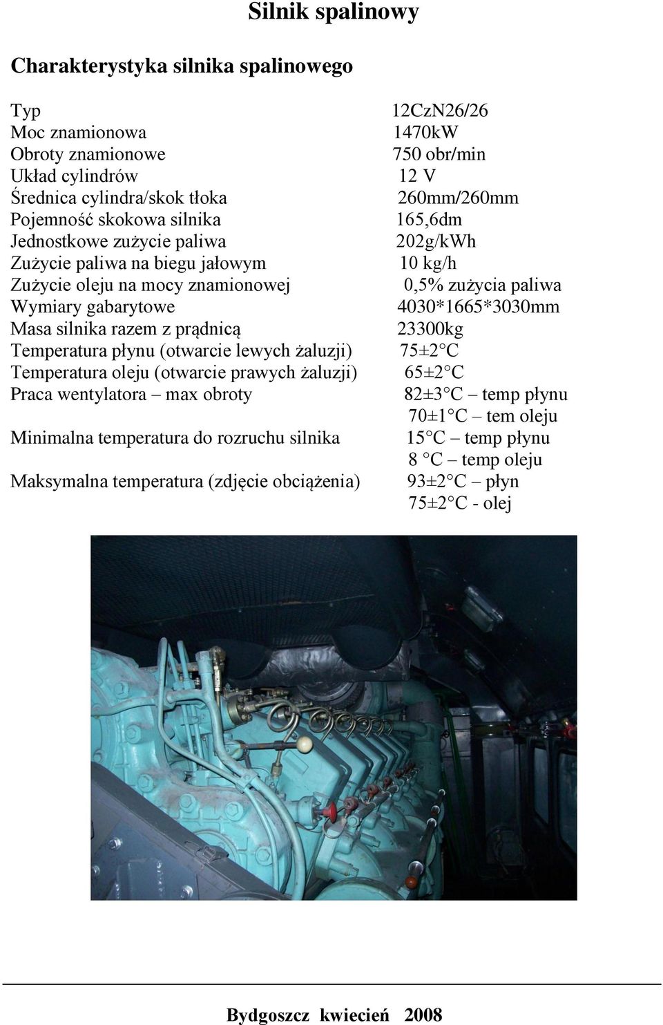 oleju (otwarcie prawych żaluzji) Praca wentylatora max obroty Minimalna temperatura do rozruchu silnika Maksymalna temperatura (zdjęcie obciążenia) 12CzN26/26 1470kW 750 obr/min 12 V