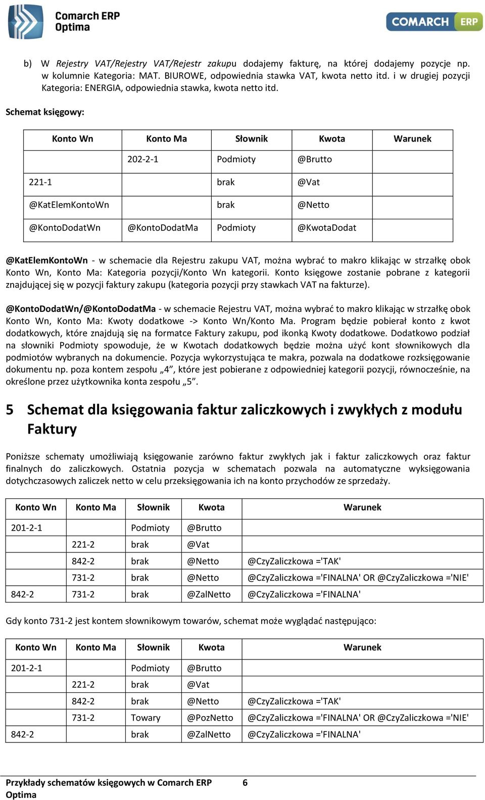 Schemat księgowy: 202-2-1 Podmioty @Brutto 221-1 brak @Vat @KatElemKontoWn brak @Netto @KontoDodatWn @KontoDodatMa Podmioty @KwotaDodat @KatElemKontoWn - w schemacie dla Rejestru zakupu VAT, można