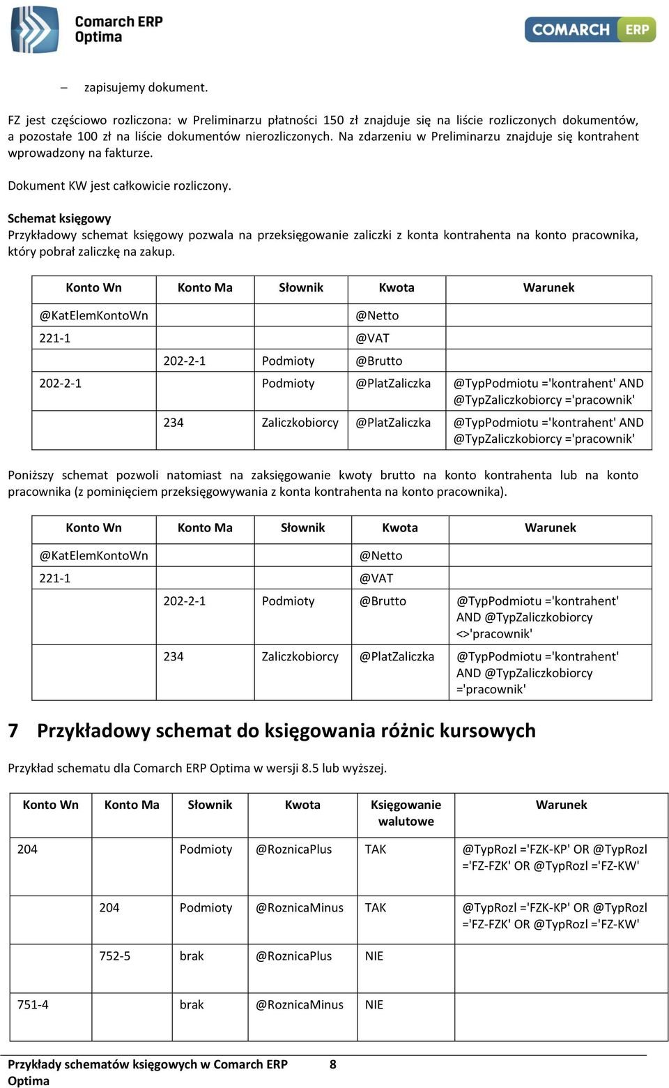 Schemat księgowy Przykładowy schemat księgowy pozwala na przeksięgowanie zaliczki z konta kontrahenta na konto pracownika, który pobrał zaliczkę na zakup.