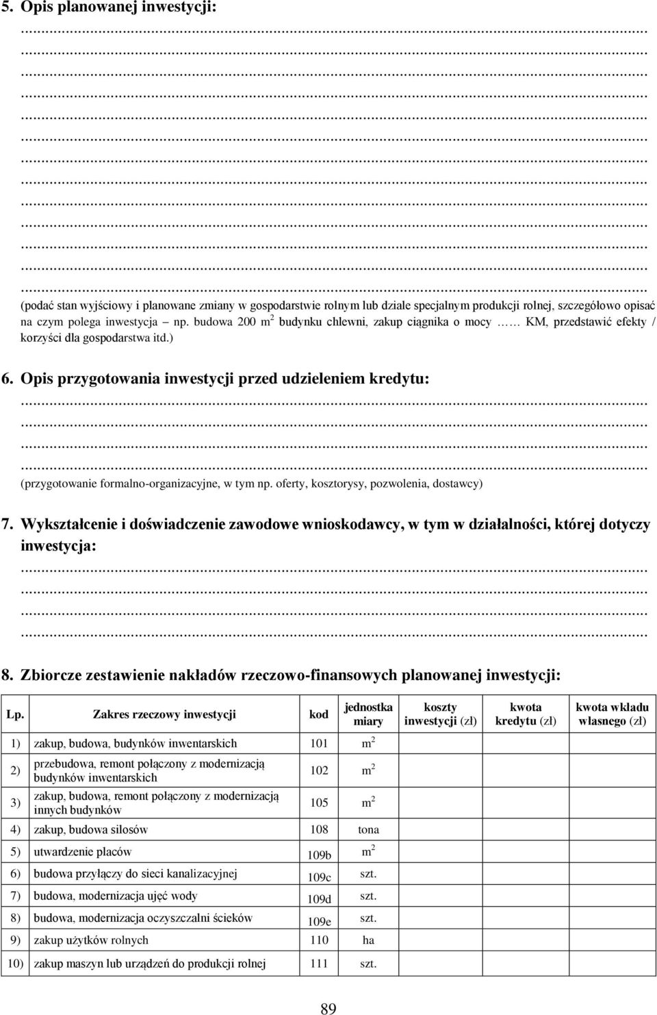 Opis przygotowania inwestycji przed udzieleniem kredytu: (przygotowanie formalno-organizacyjne, w tym np. oferty, kosztorysy, pozwolenia, dostawcy) 7.