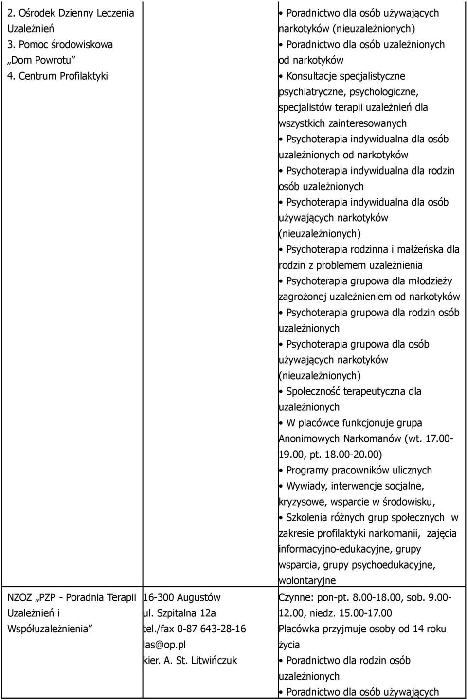 Litwińczuk narkotyków (nie) Poradnictwo dla osób od narkotyków Konsultacje specjalistyczne psychiatryczne, psychologiczne, specjalistów terapii uzależnień dla wszystkich zainteresowanych od