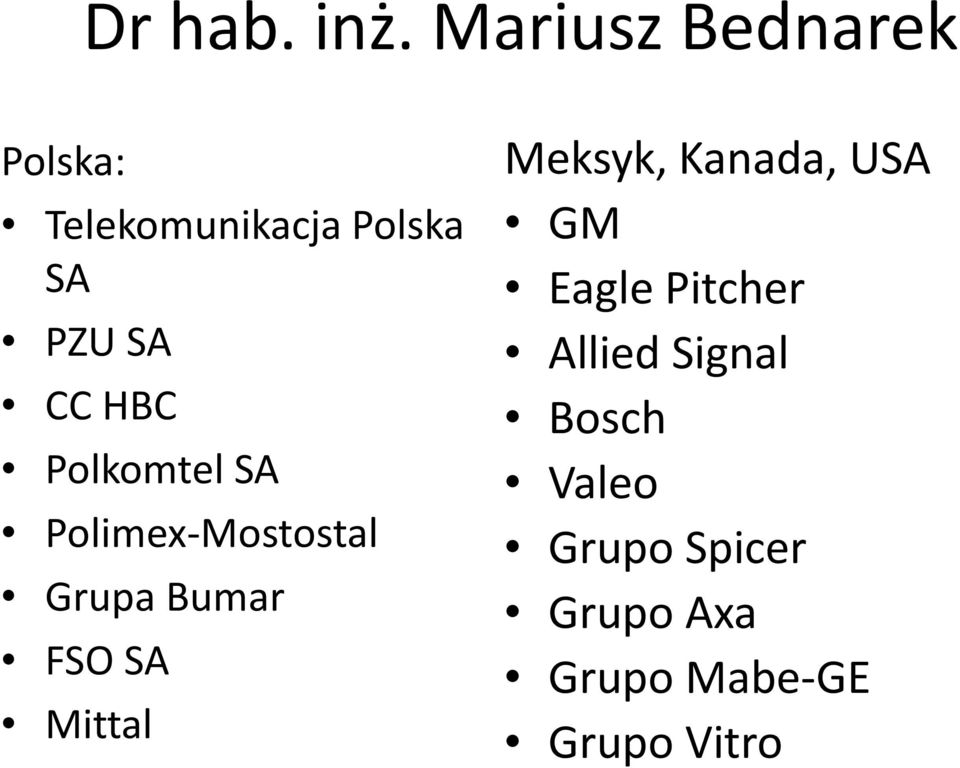 HBC Polkomtel SA Polimex-Mostostal Grupa Bumar FSO SA Mittal