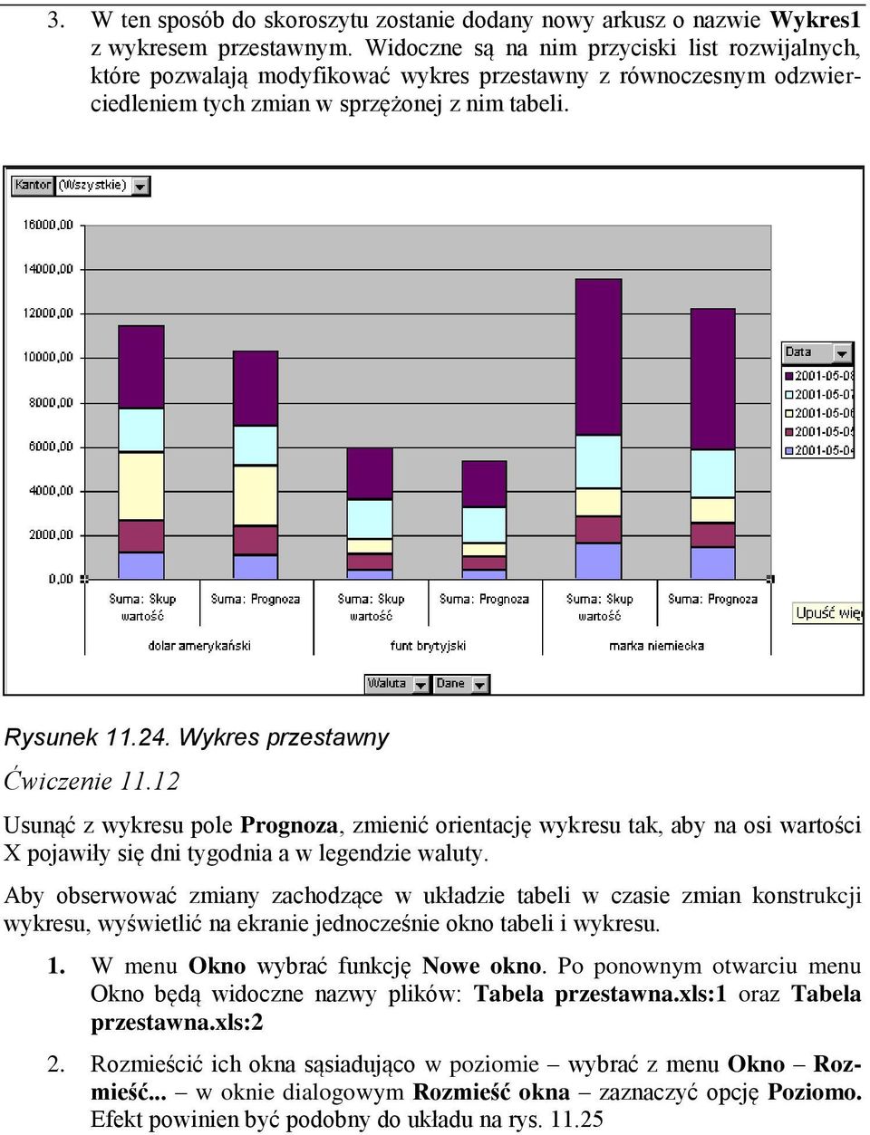 Wykres przestawny Ćwiczenie 11.12 Usunąć z wykresu pole Prognoza, zmienić orientację wykresu tak, aby na osi wartości X pojawiły się dni tygodnia a w legendzie waluty.