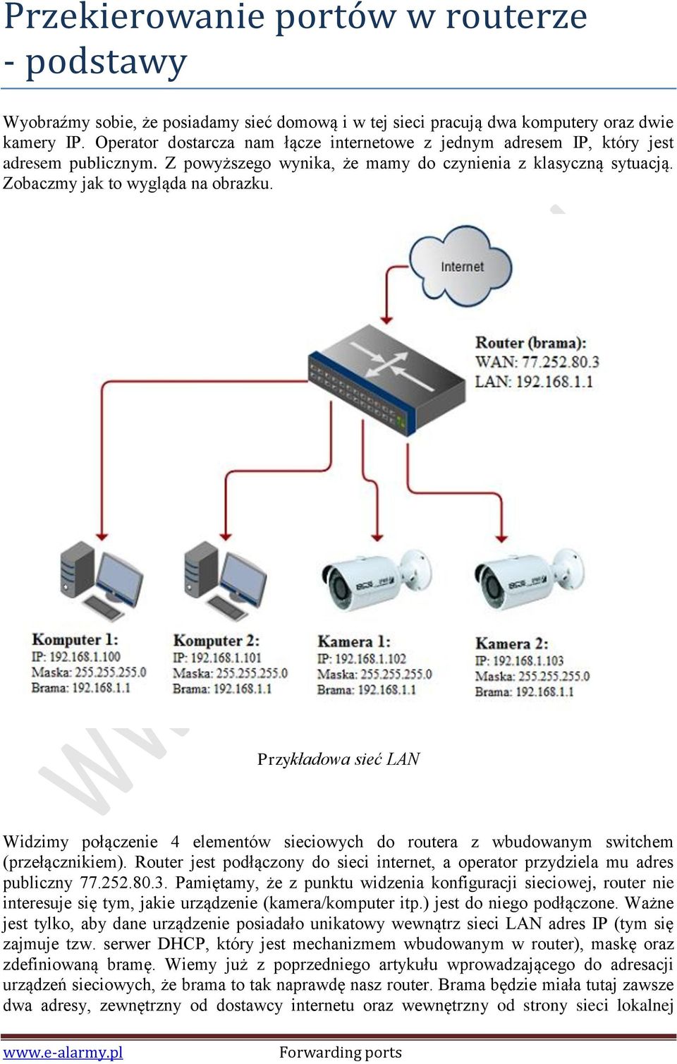 Przykładowa sieć LAN Widzimy połączenie 4 elementów sieciowych do routera z wbudowanym switchem (przełącznikiem). Router jest podłączony do sieci internet, a operator przydziela mu adres publiczny 77.