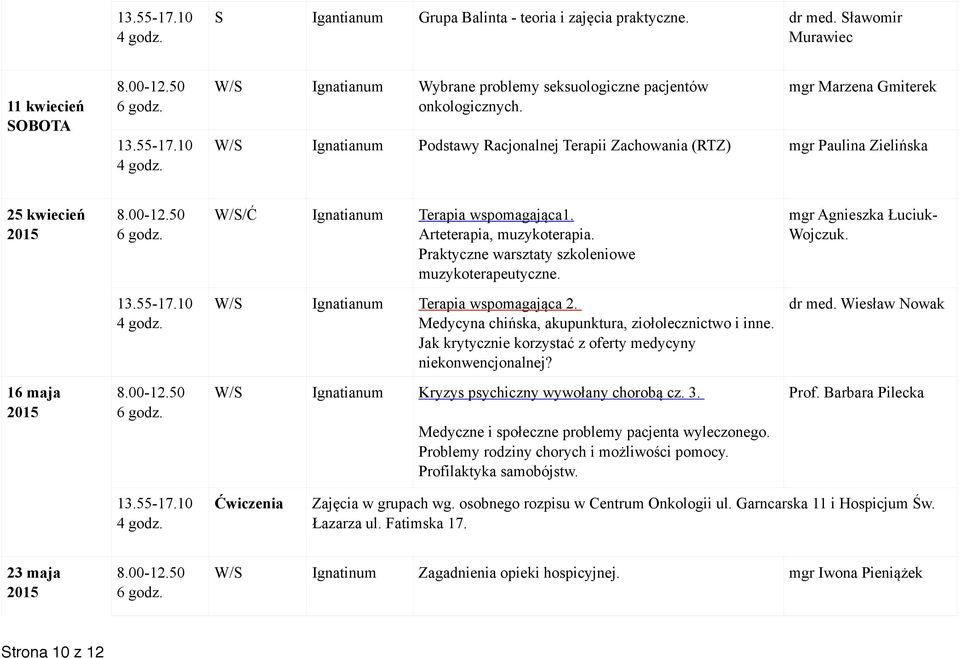 Praktyczne warsztaty szkoleniowe muzykoterapeutyczne. mgr Agnieszka Łuciuk- Wojczuk. W/S Ignatianum Terapia wspomagająca 2. Medycyna chińska, akupunktura, ziołolecznictwo i inne.