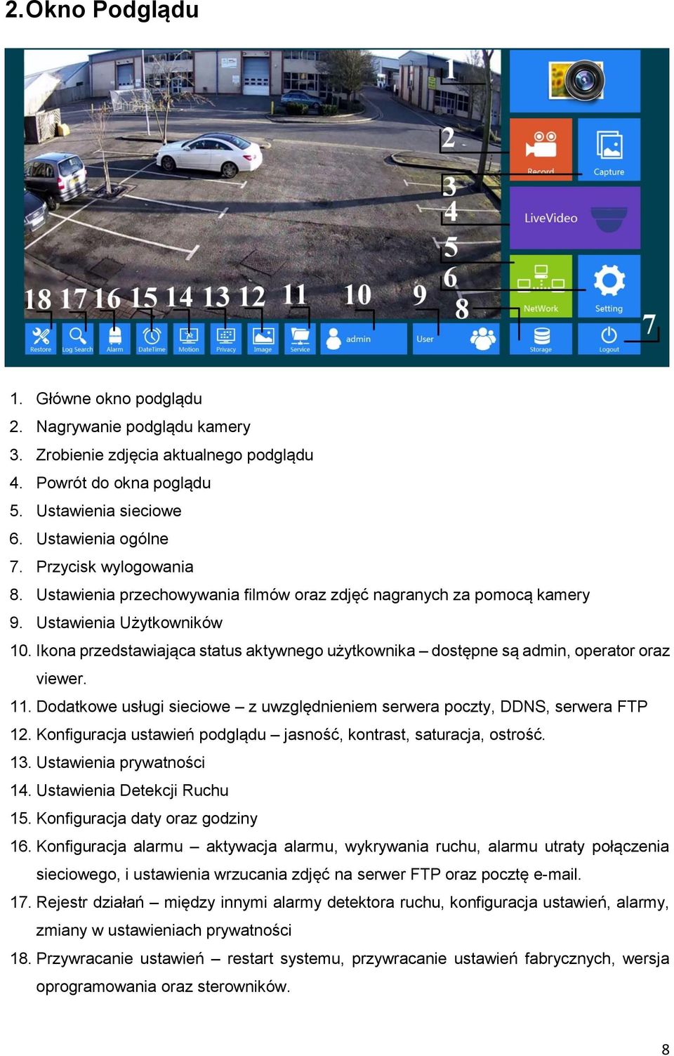 Ikona przedstawiająca status aktywnego użytkownika dostępne są admin, operator oraz viewer. 11. Dodatkowe usługi sieciowe z uwzględnieniem serwera poczty, DDNS, serwera FTP 12.