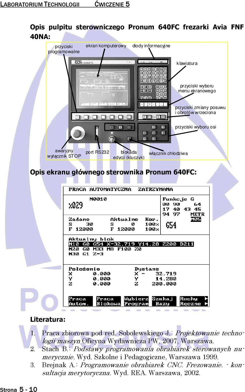 sterownika Pronum 640FC: Strona 5-10 Literatura: 1. Praca zbiorowa pod red. Sobolewskiego J.: Projektowanie technologii maszyn Oficyna Wydawnicza PW, 2007, Warszawa. 2. Stach B.